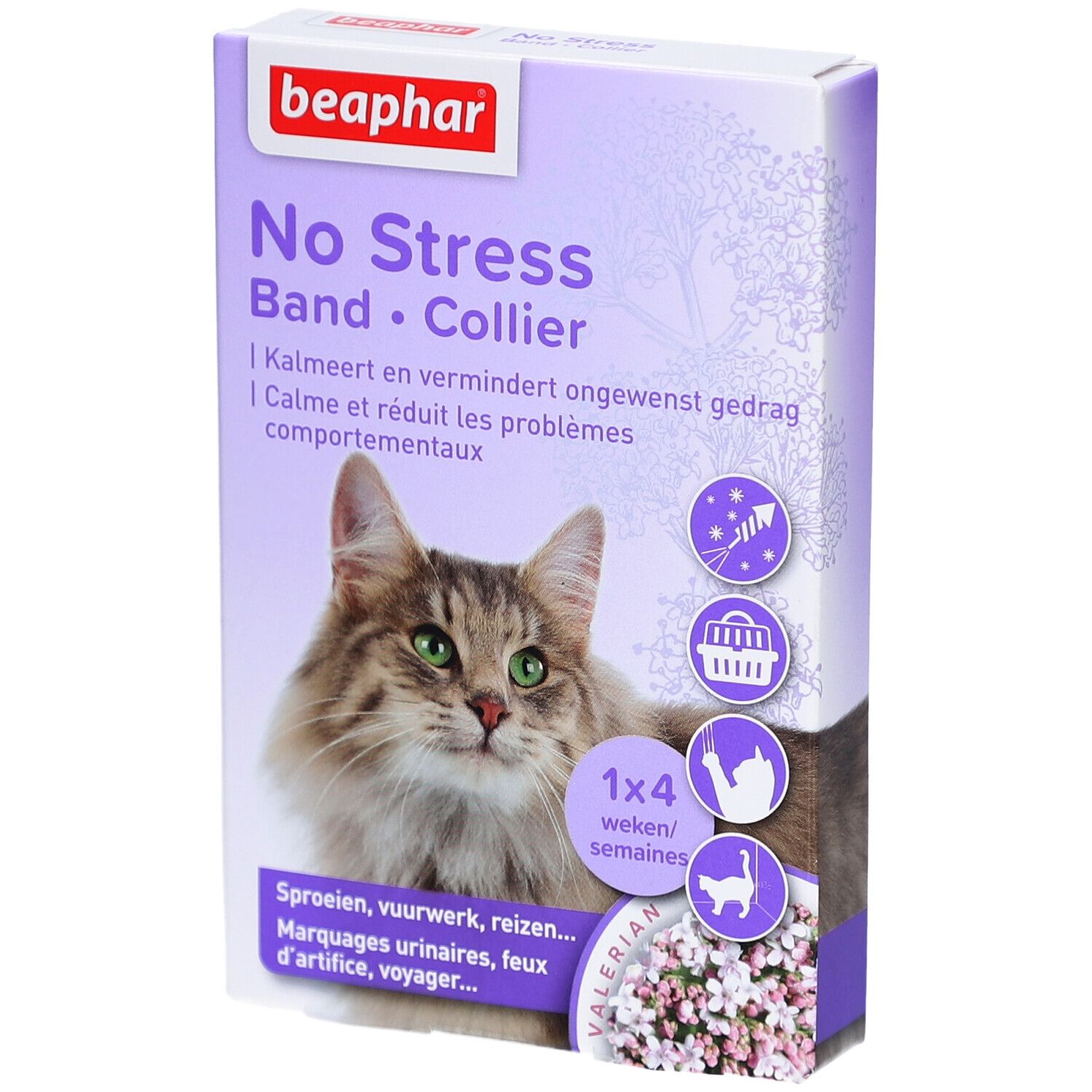 Verpackung mit Beaphar No Stress Band. Abbildung einer Katze. Text: Kalmeert en vermindert ongewenst gedrag.