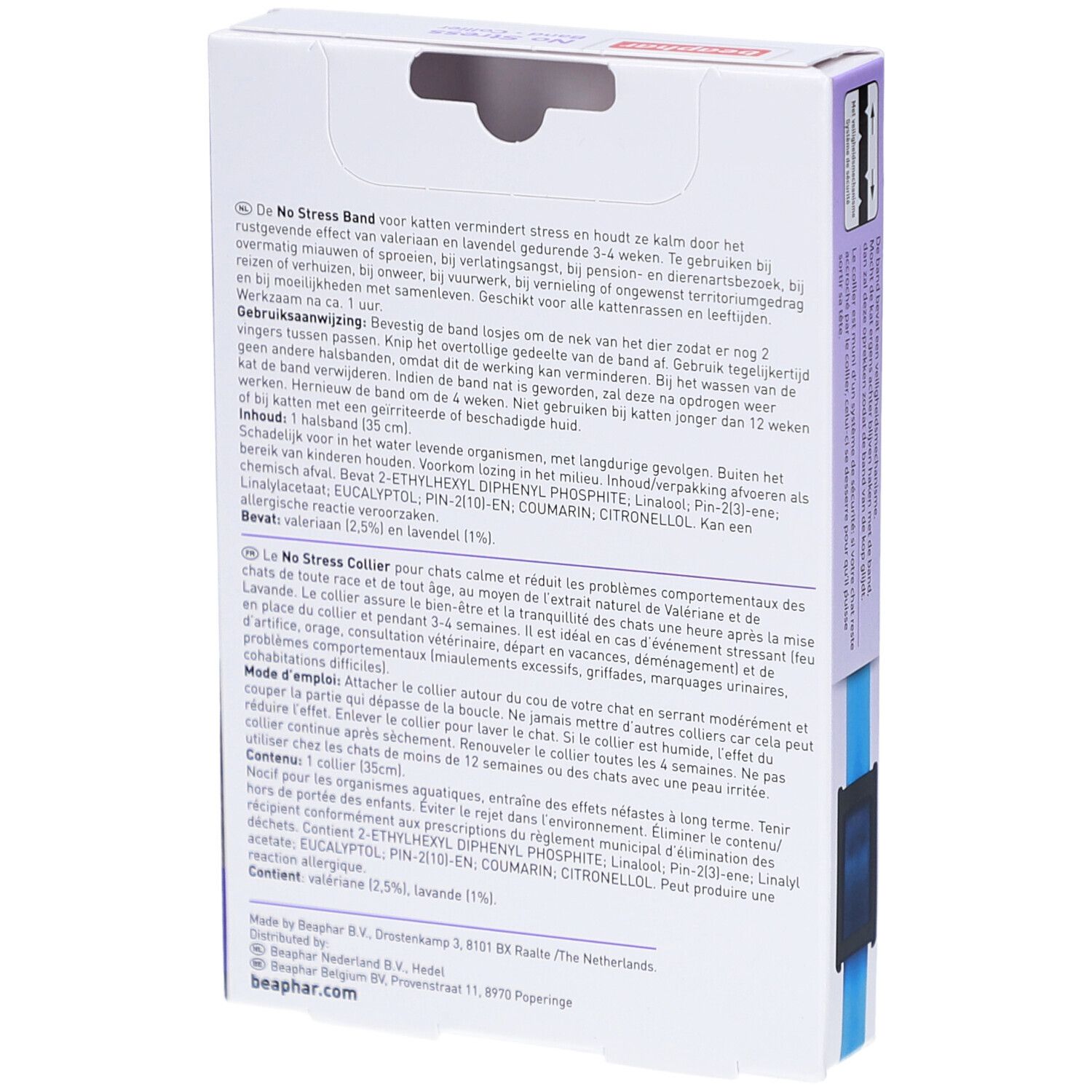 Rückseite der Beaphar No Stress Band Verpackung. Text in mehreren Sprachen. Inhaltsstoffe und Anwendung.
