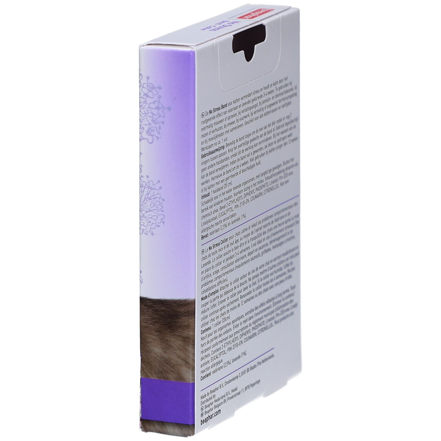 Seite der Beaphar No Stress Band Verpackung. Text in mehreren Sprachen. Herstellerinformationen.
