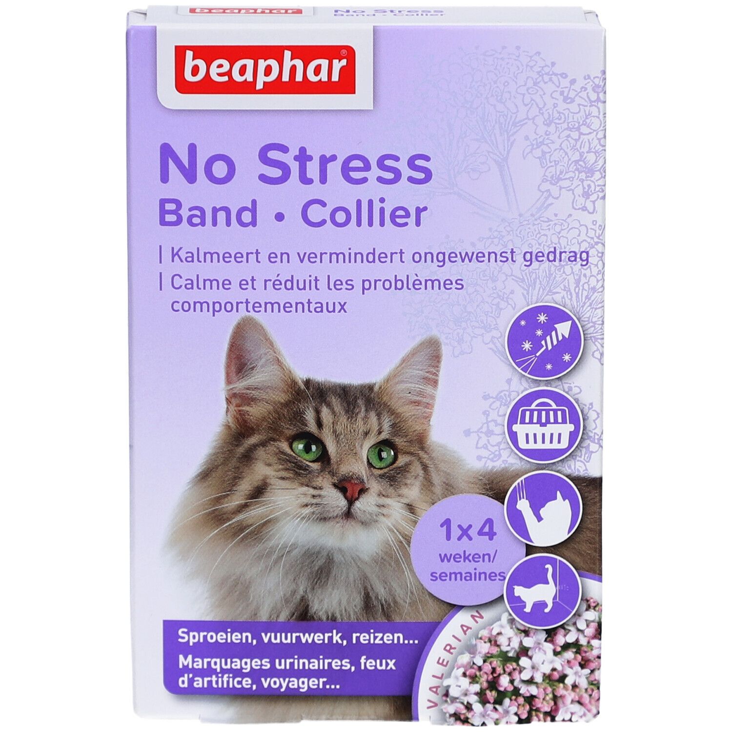 Beaphar No Stress Band Verpackung. Abbildung einer Katze. Text: Kalmeert en vermindert ongewenst gedrag.