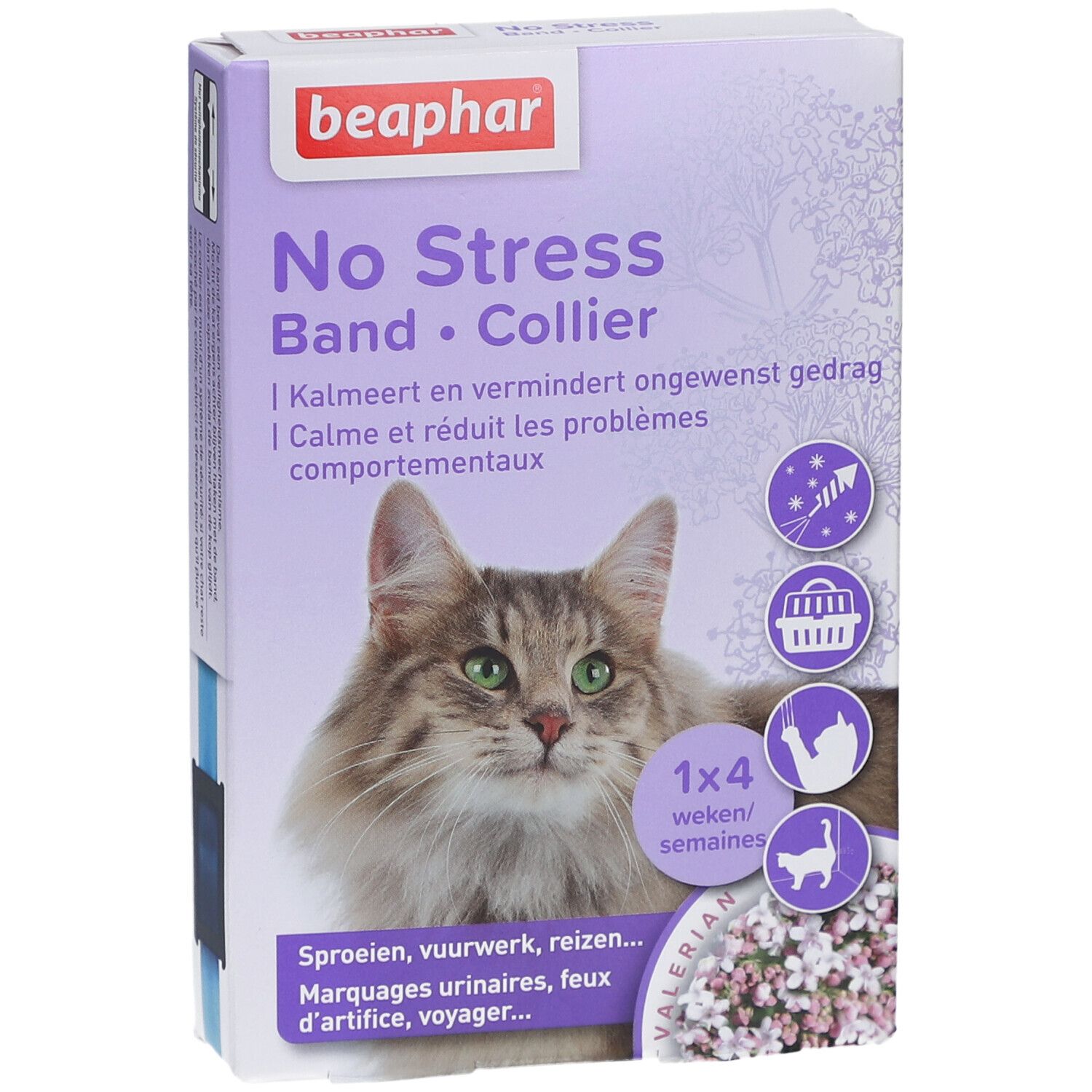 Beaphar No Stress Band Verpackung. Abbildung einer Katze. Text: Kalmeert en vermindert ongewenst gedrag.