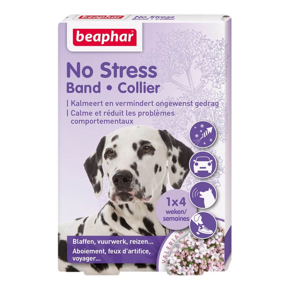 Boîte Beaphar No Stress Band • Collier. Image de dalmatien. Texte: Calme et réduit les problèmes comportementaux.