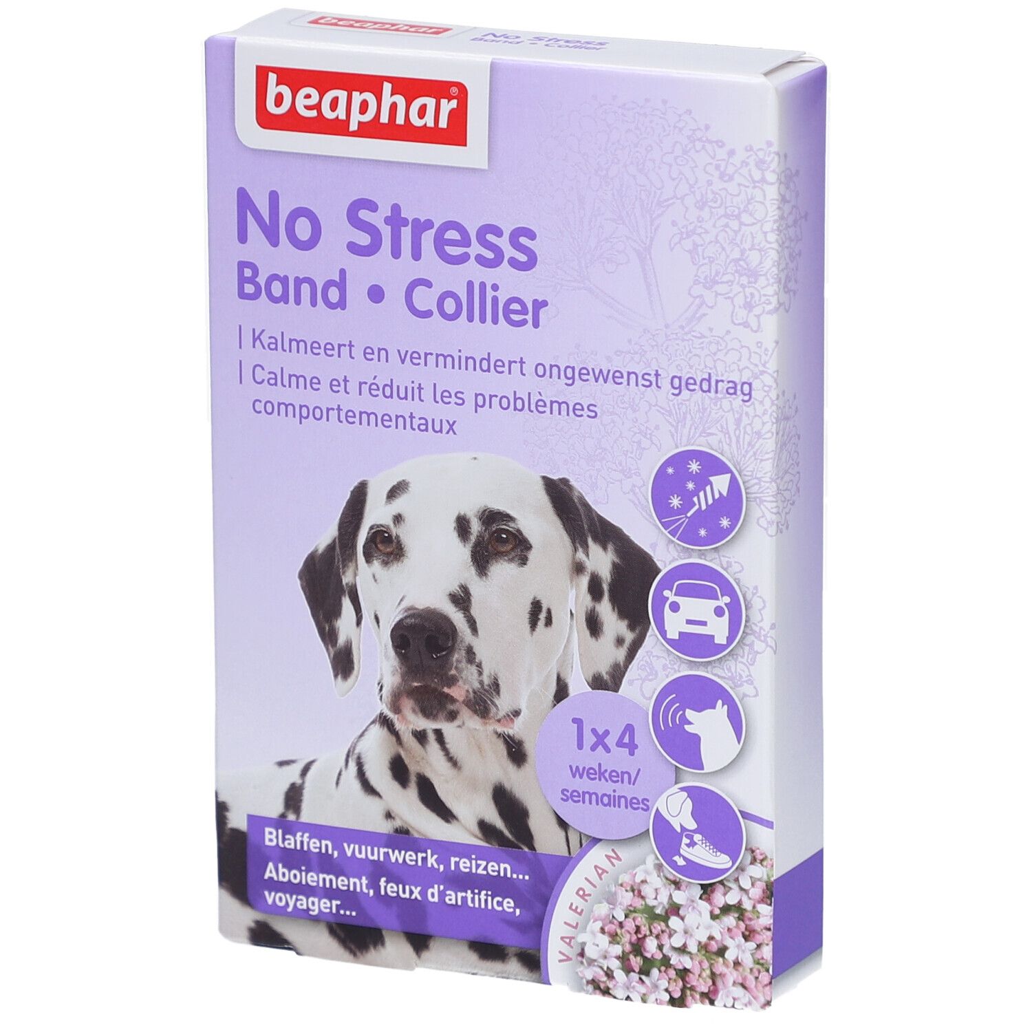 Verpackung von Beaphar No Stress Band • Collier. Dalmatiner-Abbildung. Text: Kalmeert en vermindert ongewenst gedrag.
