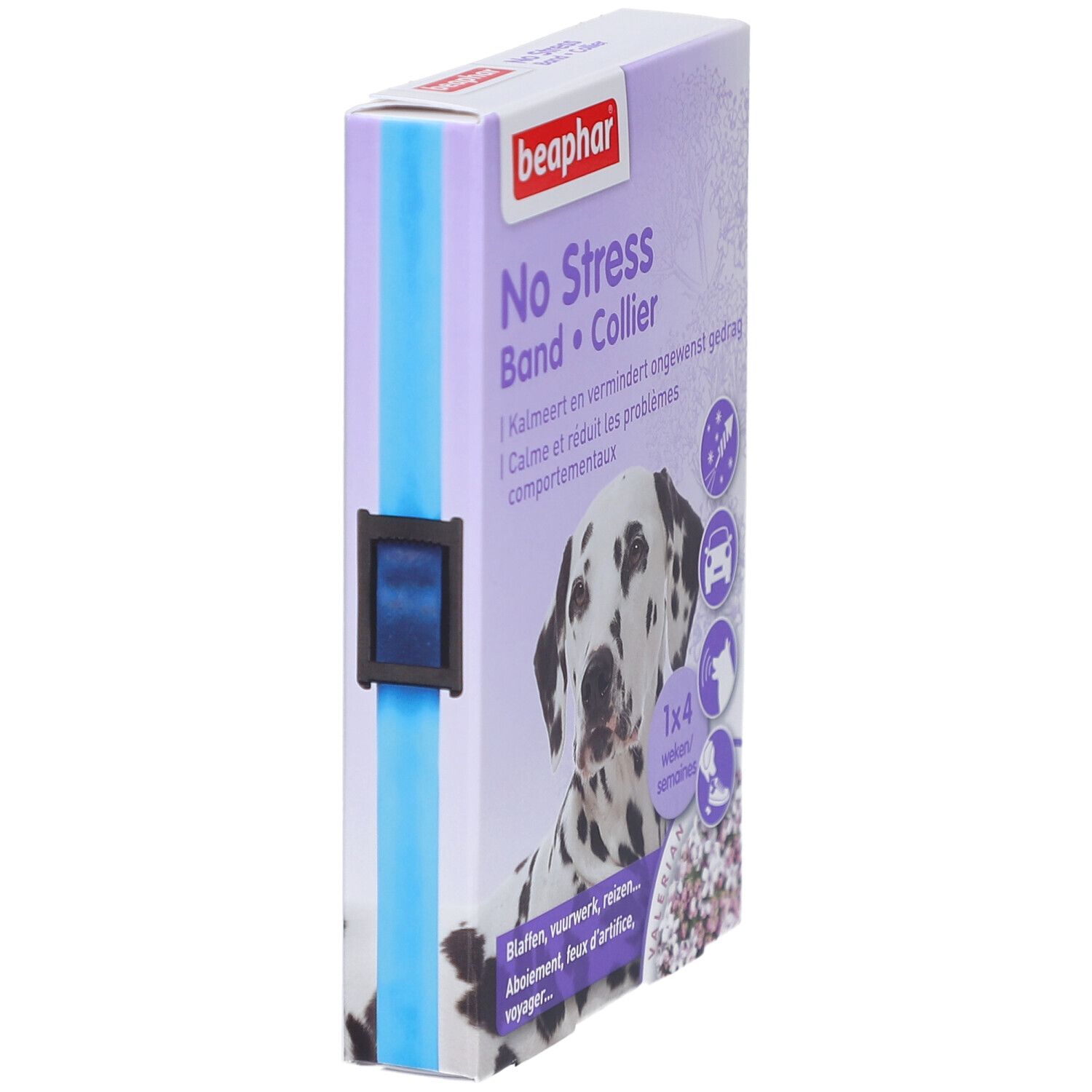 Beaphar No Stress Band • Collier-Verpackung, Seitenansicht. Blauer Halsband-Streifen sichtbar. Text auf der Verpackung.