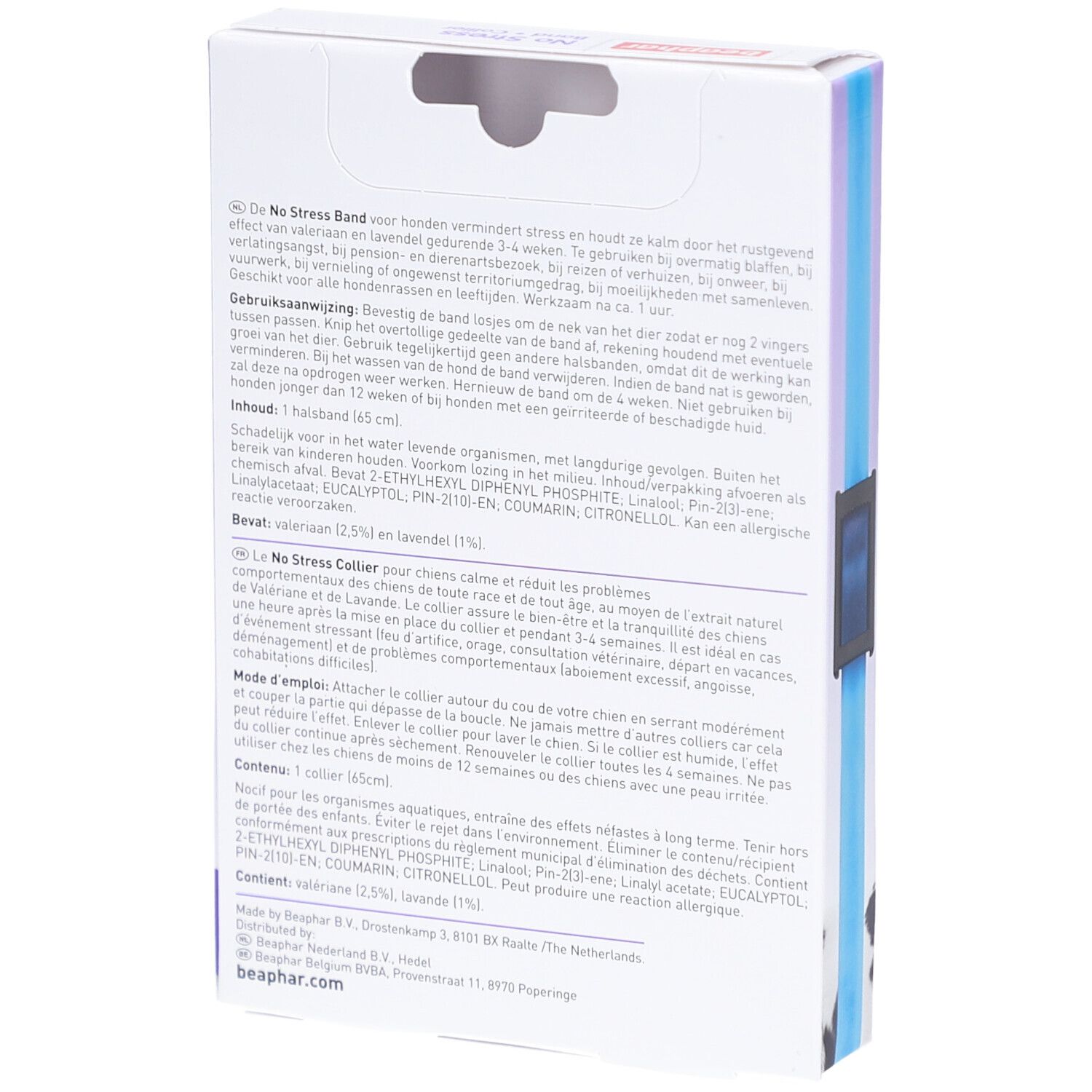 Rückseite der Beaphar No Stress Band • Collier-Verpackung. Text in mehreren Sprachen. Inhaltsangaben und Gebrauchsanweisung.