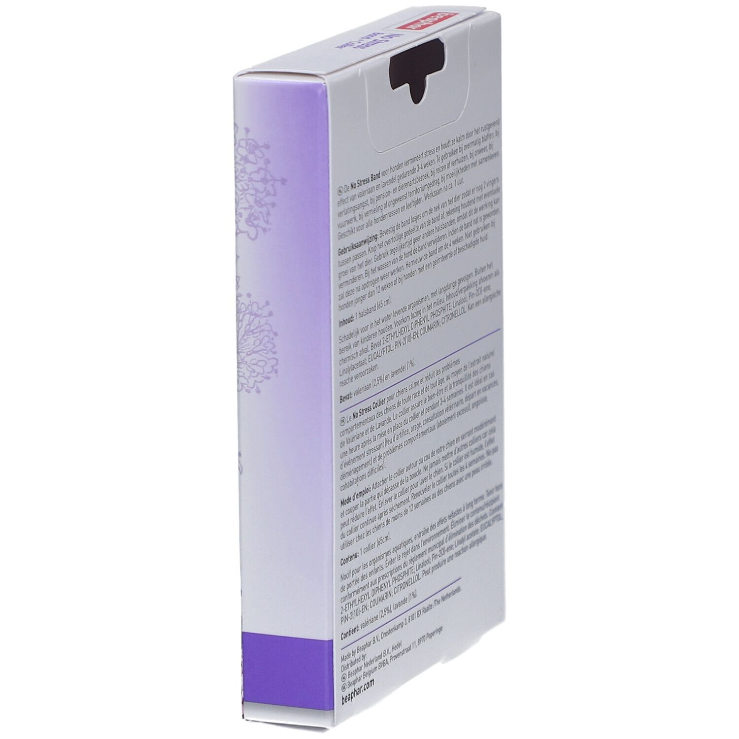 Seitenansicht der Beaphar No Stress Band • Collier-Verpackung. Text und Logo. Lila Farbgebung.