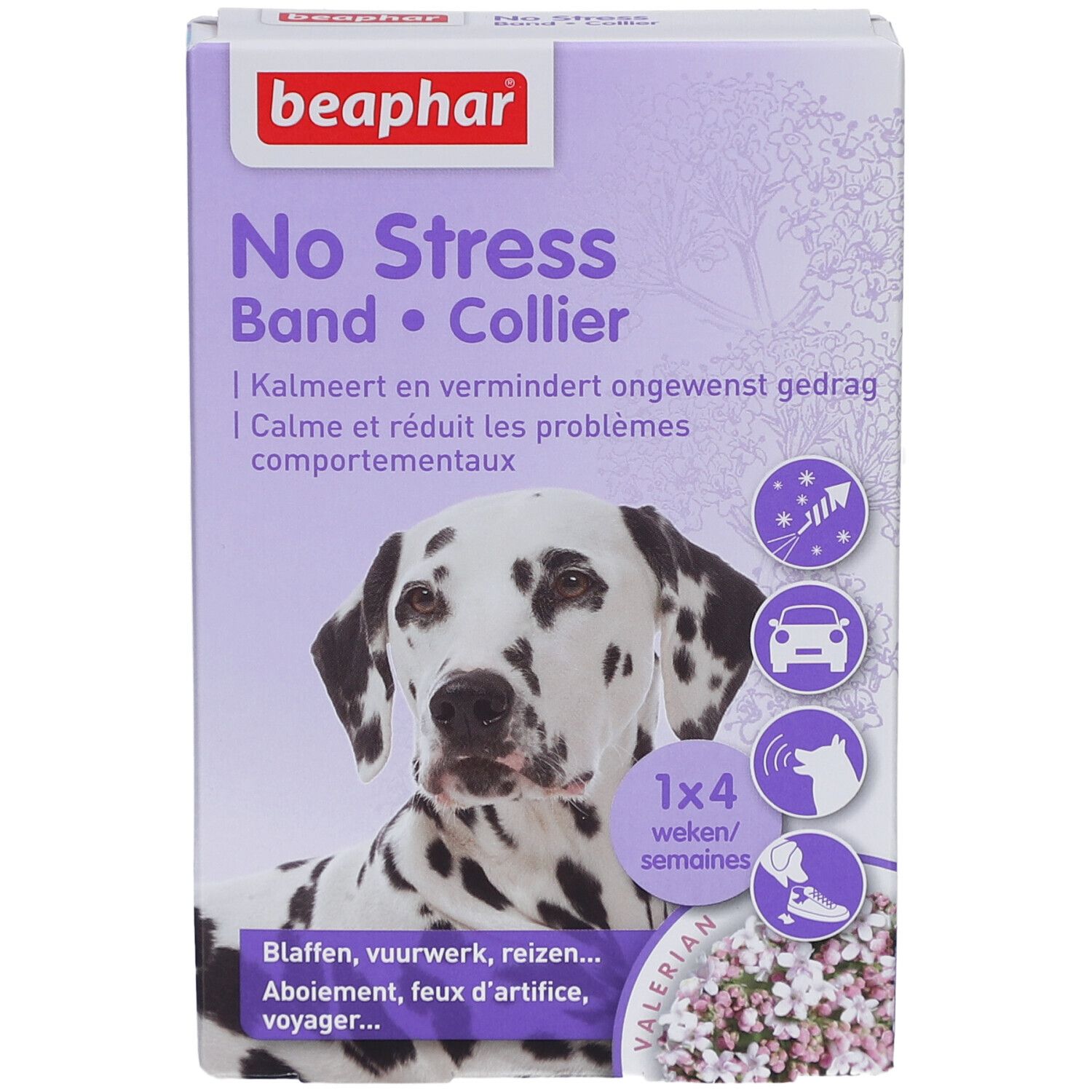 Beaphar No Stress Band • Collier-Verpackung. Dalmatiner-Abbildung. Text: Kalmeert en vermindert ongewenst gedrag.