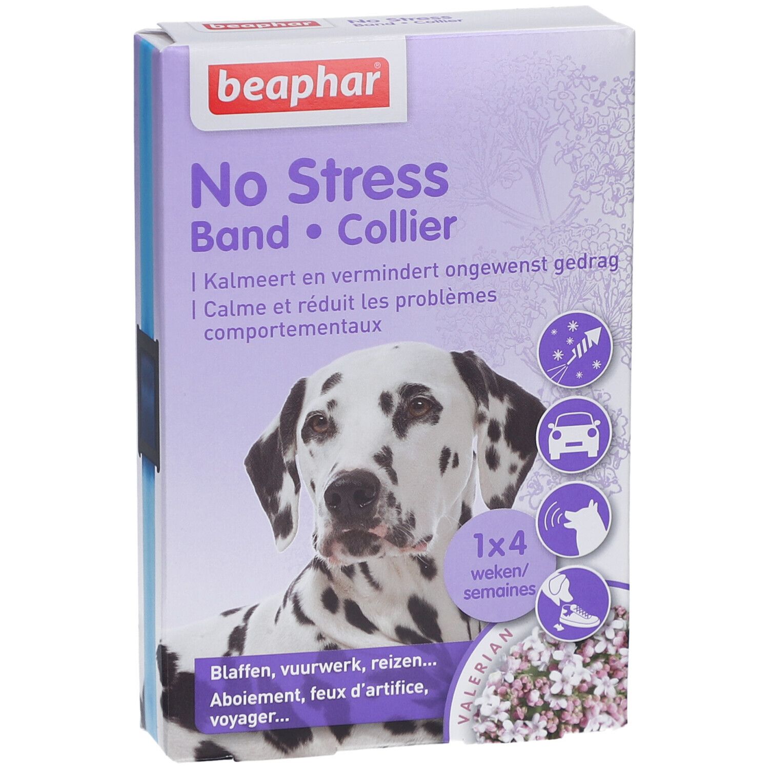 Beaphar No Stress Band • Collier-Verpackung. Dalmatiner-Abbildung. Text: Kalmeert en vermindert ongewenst gedrag.