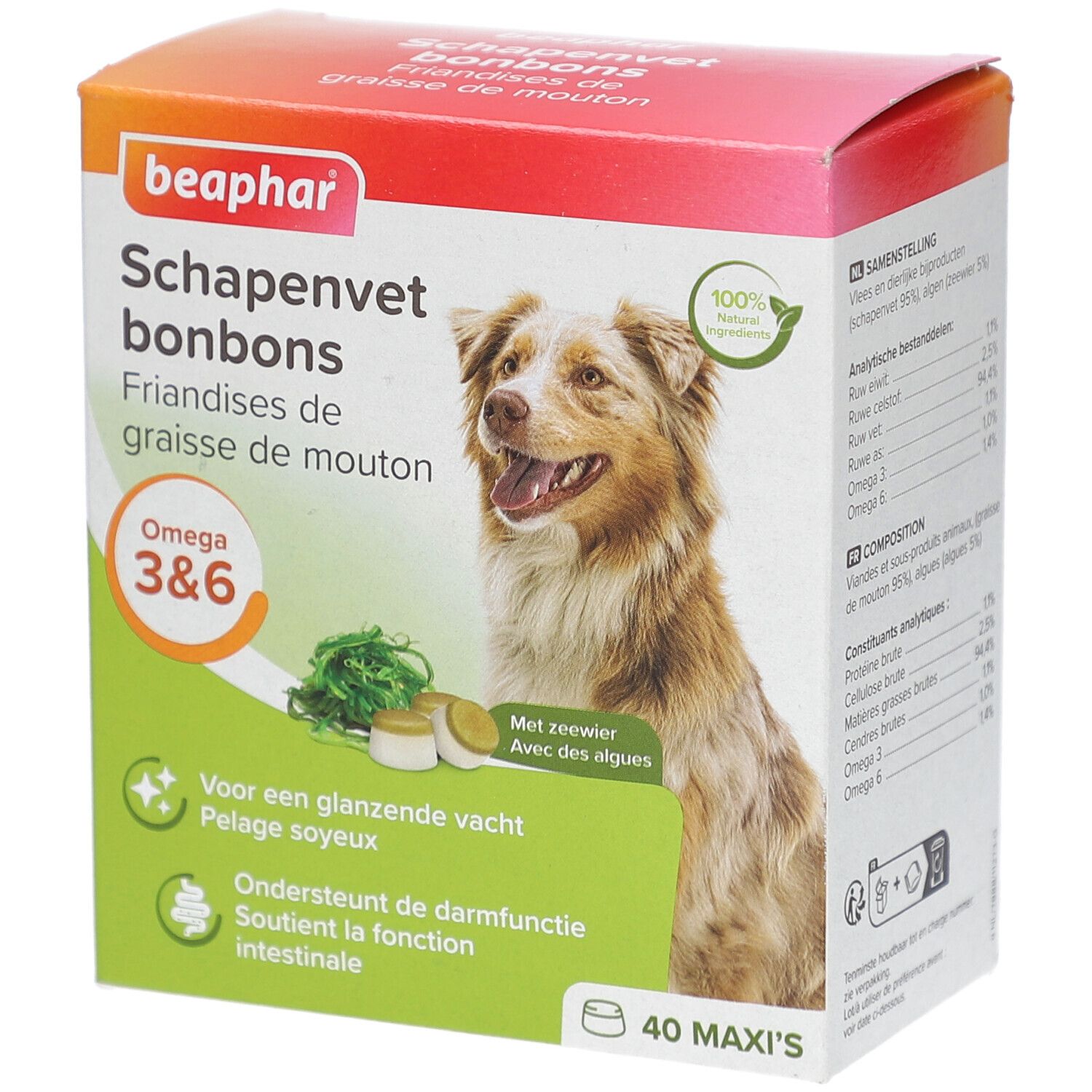 Beaphar Schapenvet bonbons. Packung mit Hund auf der Vorderseite. Enthält Omega 3&6. Mit Algen. 40 Maxi's.