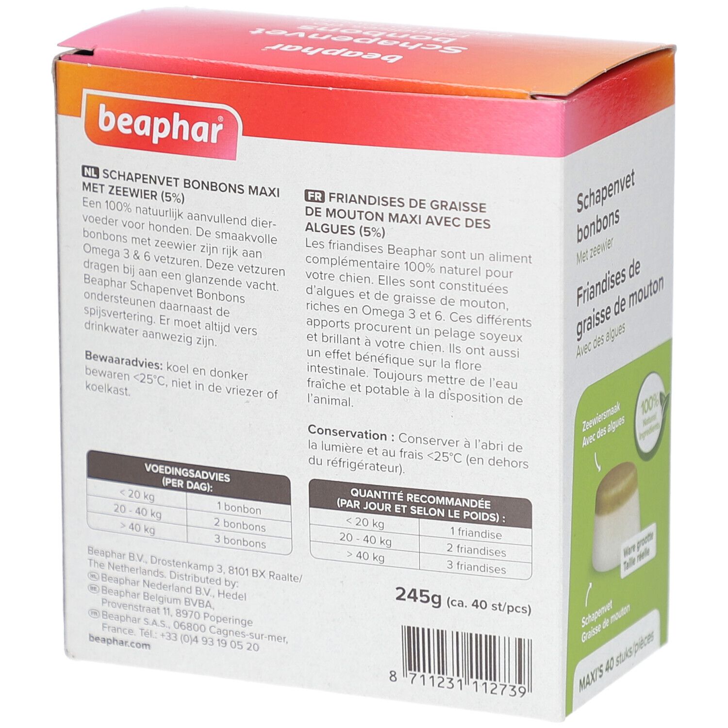 Rückseite der Beaphar Schapenvet bonbons Packung. Enthält Informationen zu Inhaltsstoffen und Fütterungsempfehlung.