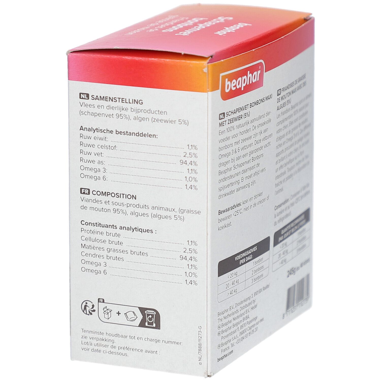 Rückseite der Beaphar Schapenvet bonbons Packung. Enthält Informationen zu Inhaltsstoffen und Analyse.