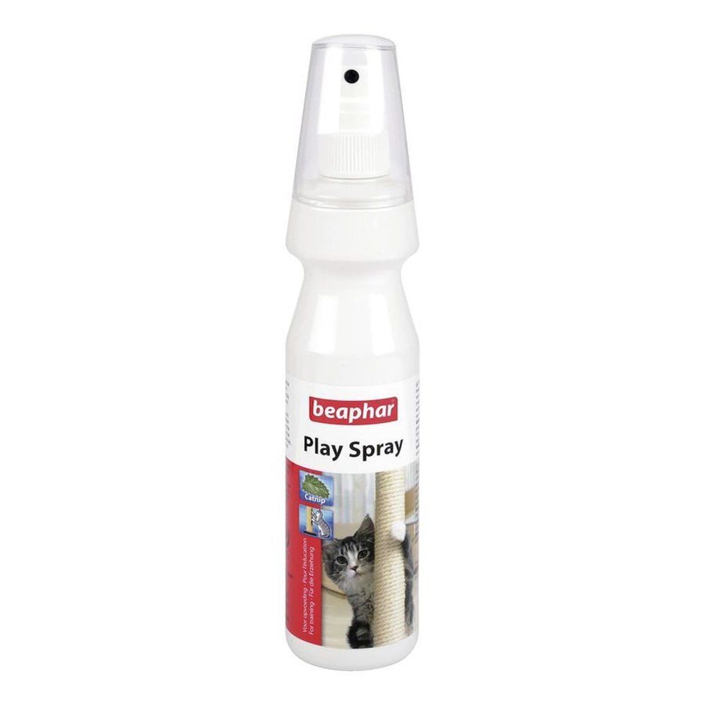 Flacon pulvérisateur blanc avec tête de pulvérisation transparente. Étiquette avec informations produit et motif de chat.