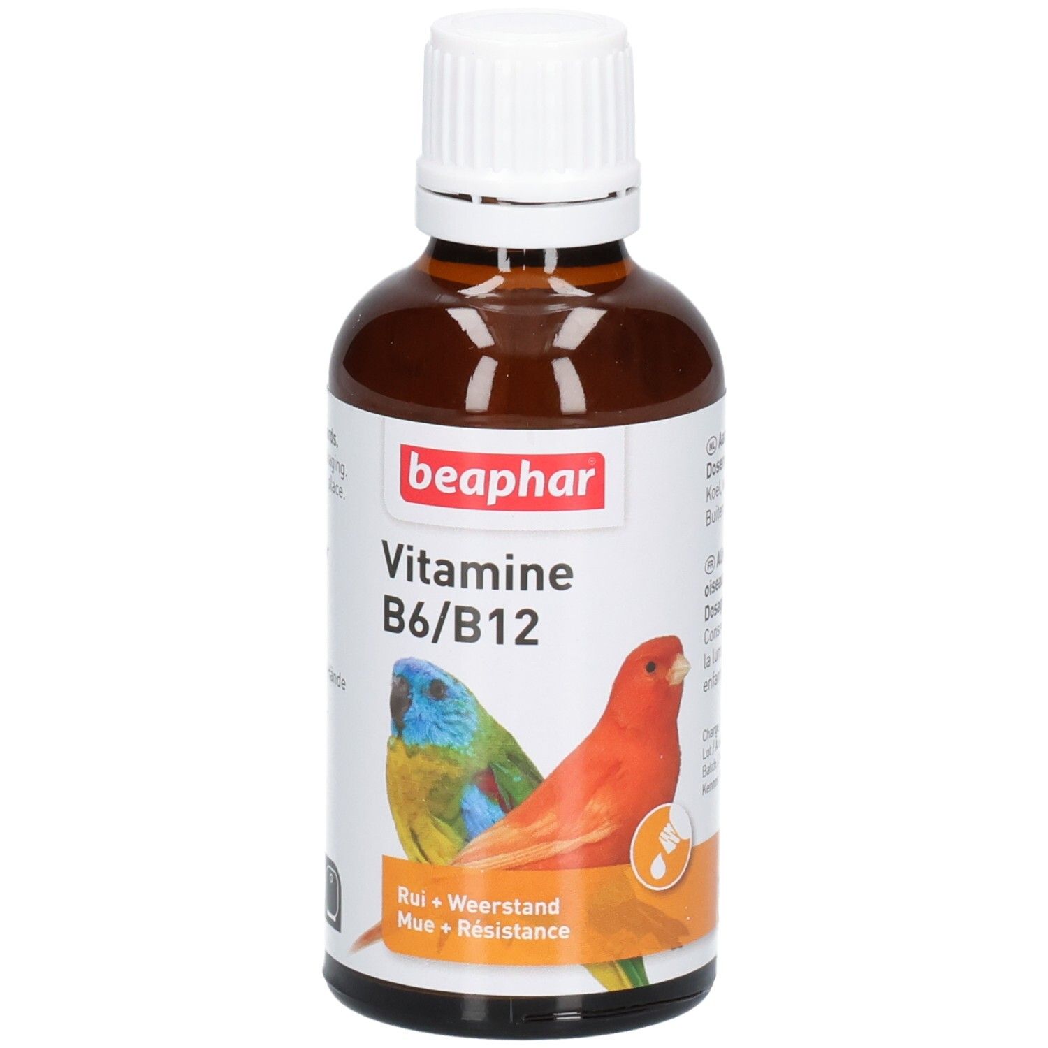 Braune Glasflasche mit weißem Deckel. Etikett mit "beaphar Vitamine B6/B12" und Papageien-Illustration. "Rui + Weerstand + Résistance".