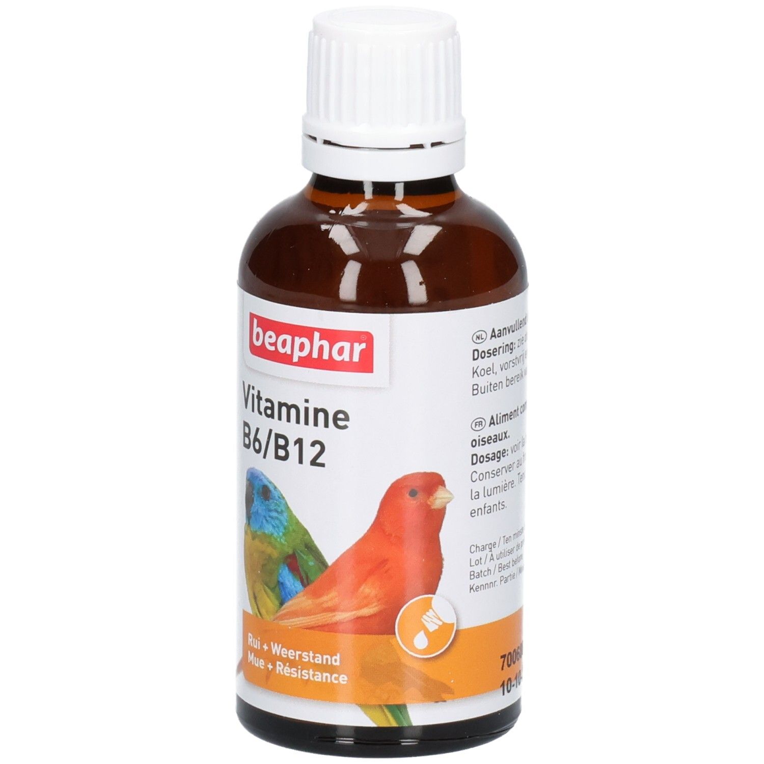 Braune Glasflasche mit weißem Deckel. Etikett mit "beaphar Vitamine B6/B12" und Papageien-Illustration. "Rui + Weerstand + Résistance".
