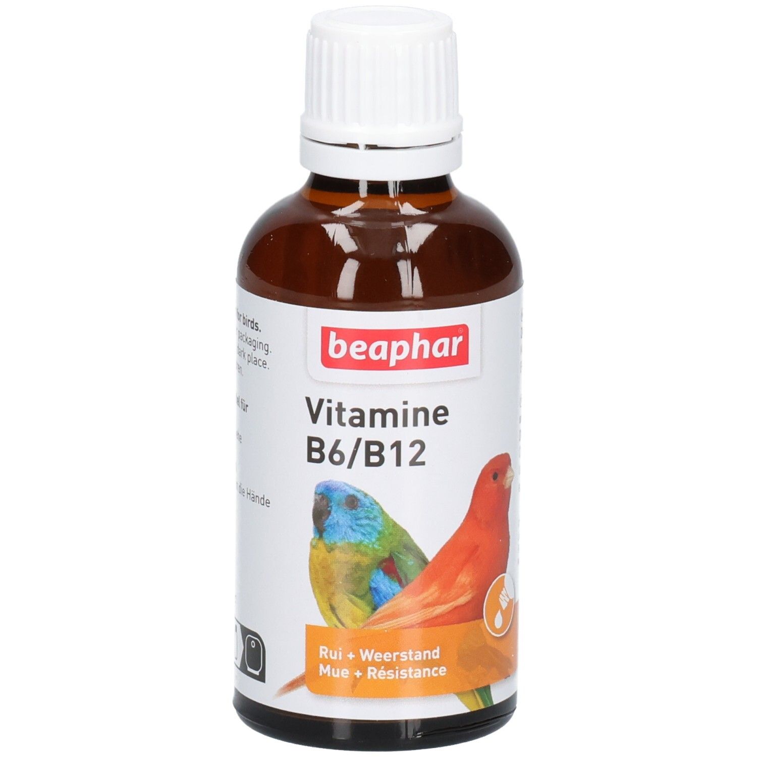 Braune Glasflasche mit weißem Deckel. Etikett mit "beaphar Vitamine B6/B12" und Papageien-Illustration. "Rui + Weerstand + Résistance".