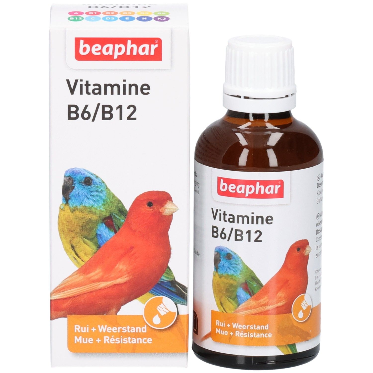 Produktverpackung und Flasche. Verpackung: "beaphar Vitamine B6/B12" und Papageien-Illustration. Flasche: braun, weißer Deckel, Etikett.