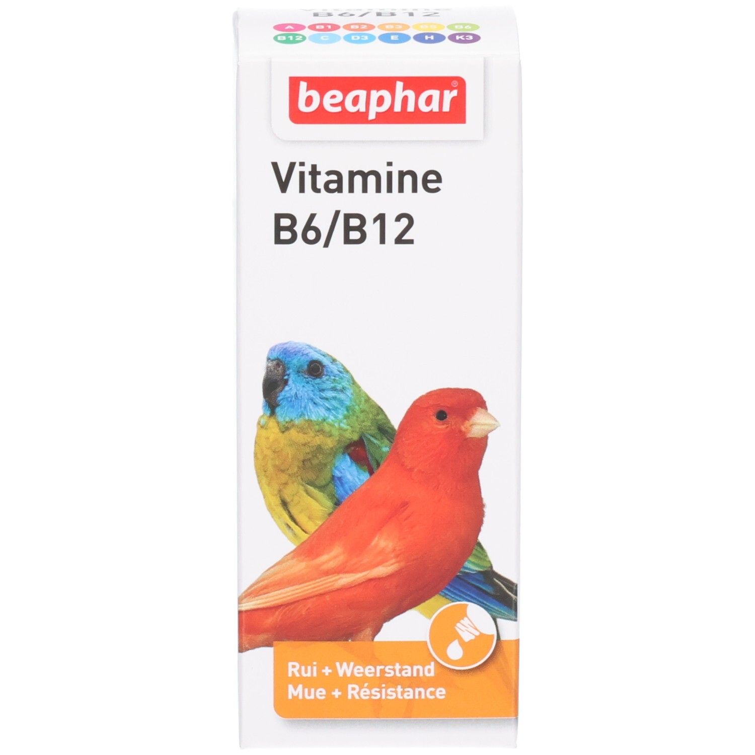 Produktverpackung. "beaphar Vitamine B6/B12" und Papageien-Illustration. "Rui + Weerstand + Résistance".