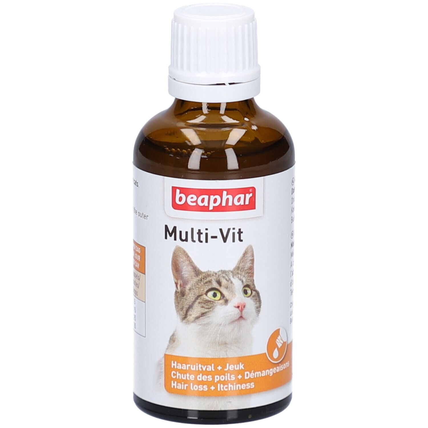 Braune Glasflasche mit weißem Deckel. Etikett mit Produktnamen, Katze und Text. Beaphar Multi-Vit für Katzen.