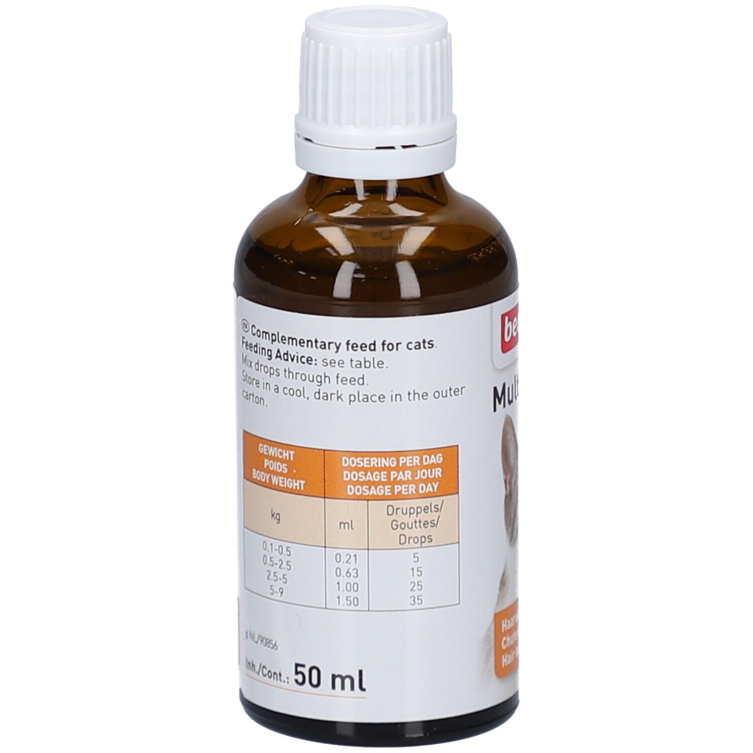 Braune Glasflasche mit weißem Deckel. Etikett mit Dosierungstabelle. Beaphar Multi-Vit für Katzen.