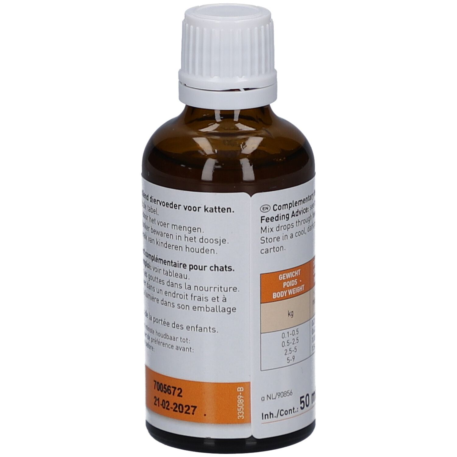 Braune Glasflasche mit weißem Deckel. Etikett mit Text und Verfallsdatum. Beaphar Multi-Vit für Katzen.