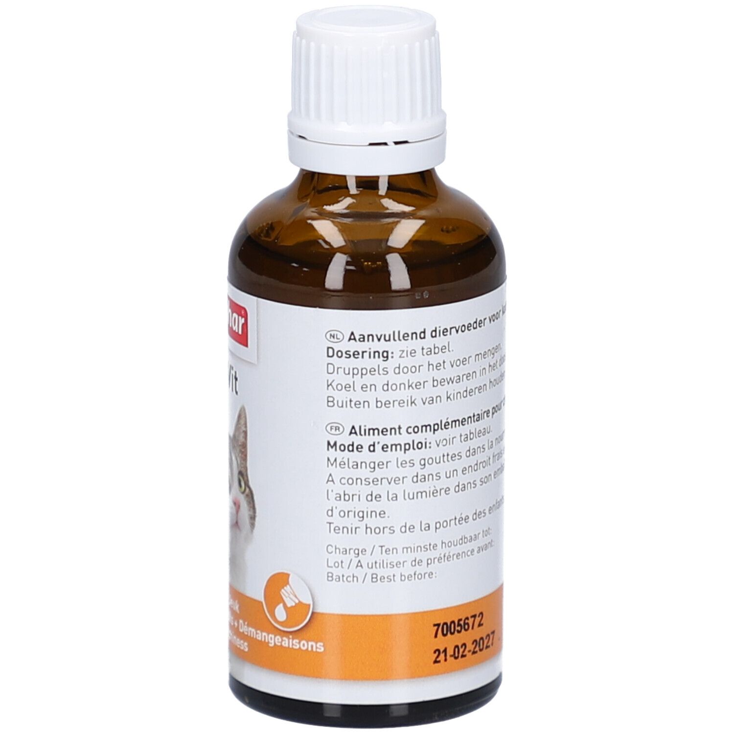 Braune Glasflasche mit weißem Deckel. Etikett mit Text und Verfallsdatum. Beaphar Multi-Vit für Katzen.