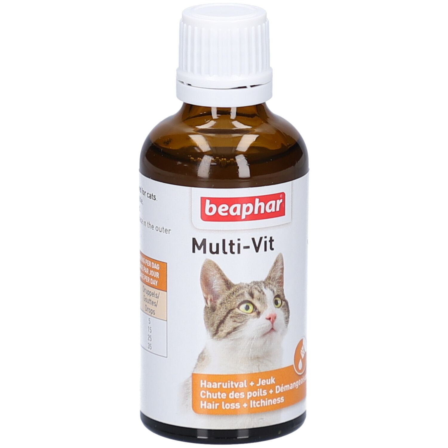 Braune Glasflasche mit weißem Deckel. Etikett mit Produktnamen, Katze und Text. Beaphar Multi-Vit für Katzen.