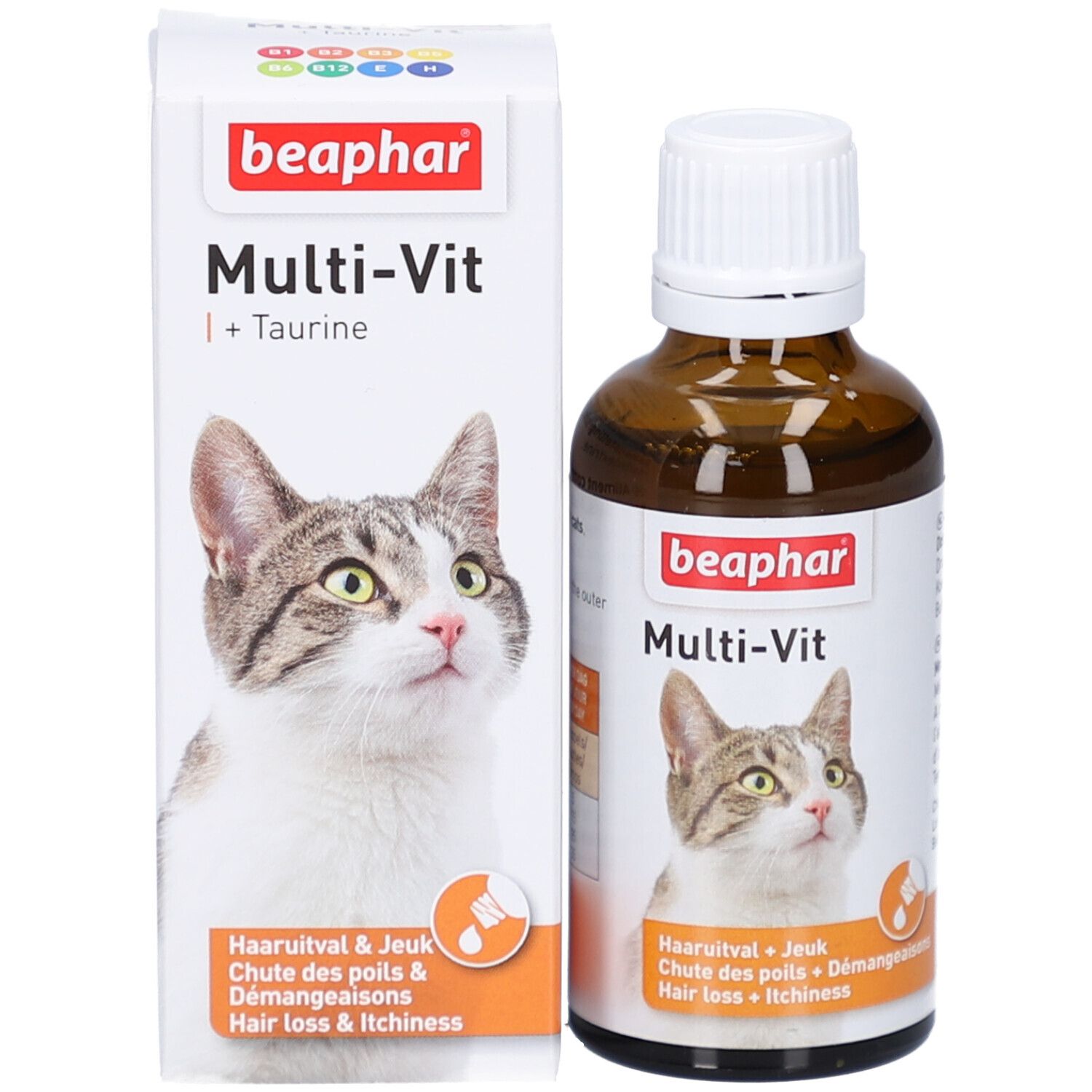 Produktflasche und Verpackung. Verpackung mit Produktnamen, Katze und Text. Beaphar Multi-Vit + Taurin.