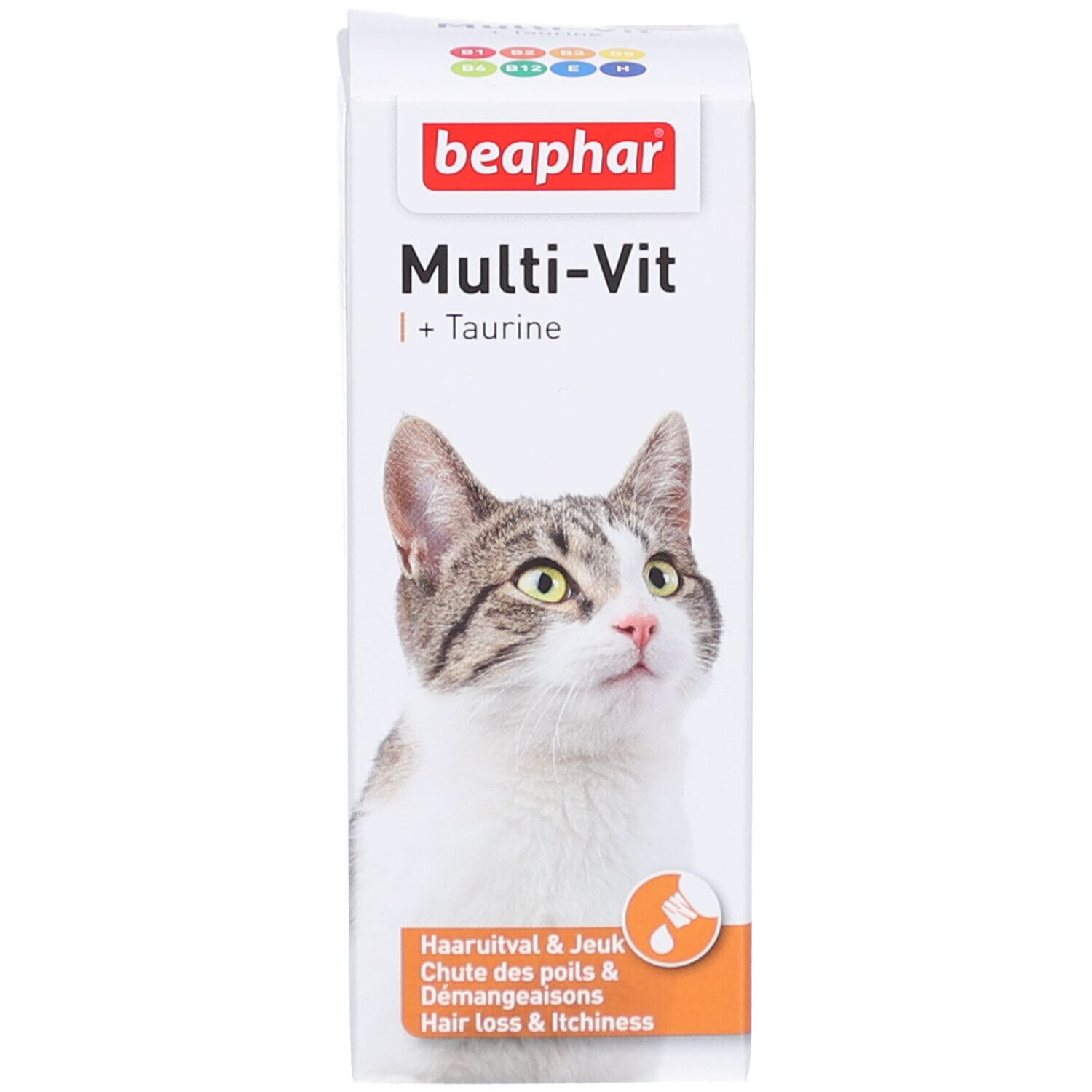 Produktverpackung. Verpackung mit Produktnamen, Katze und Text. Beaphar Multi-Vit + Taurin.