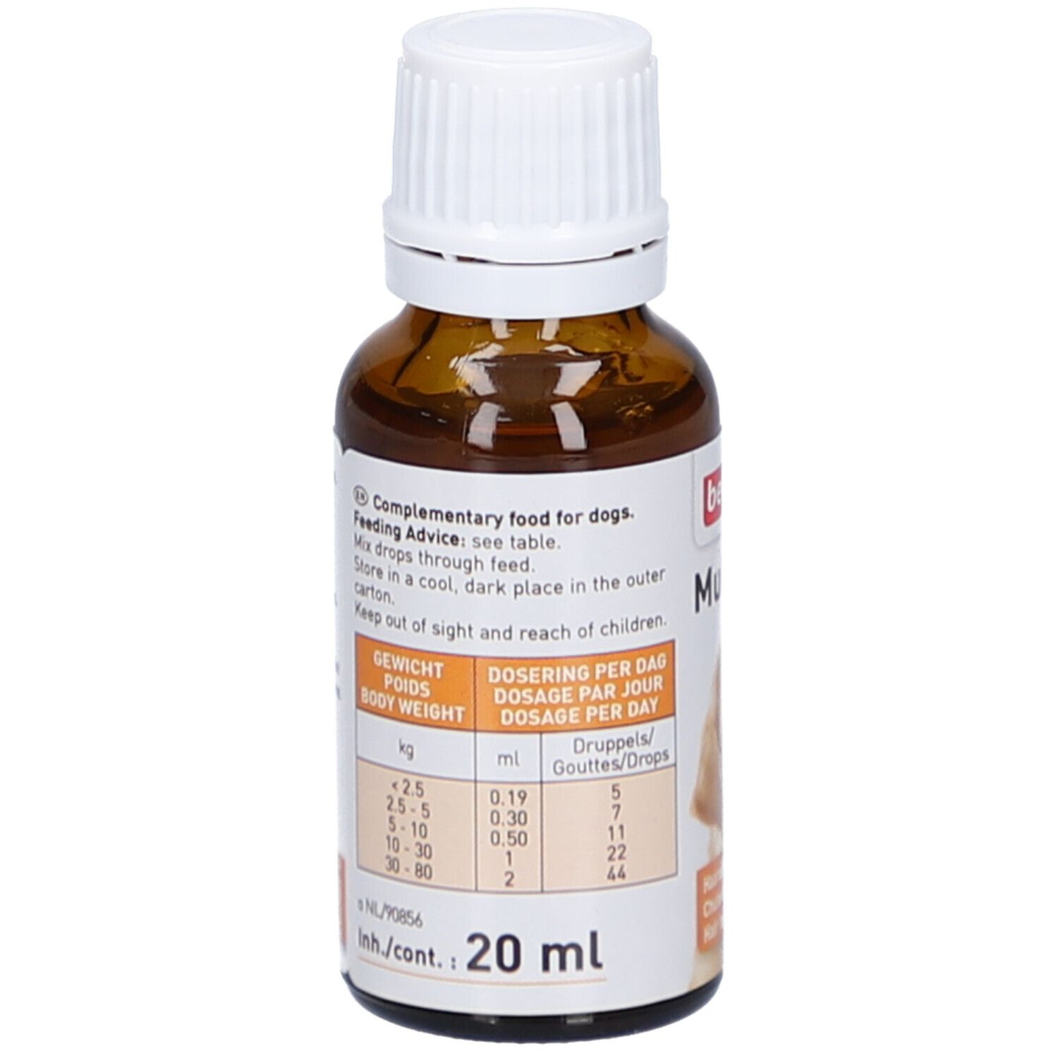 Rückseite der Flasche. Etikett mit Dosierungstabelle für Hunde nach Gewicht. Enthält auch Informationen zur Aufbewahrung.