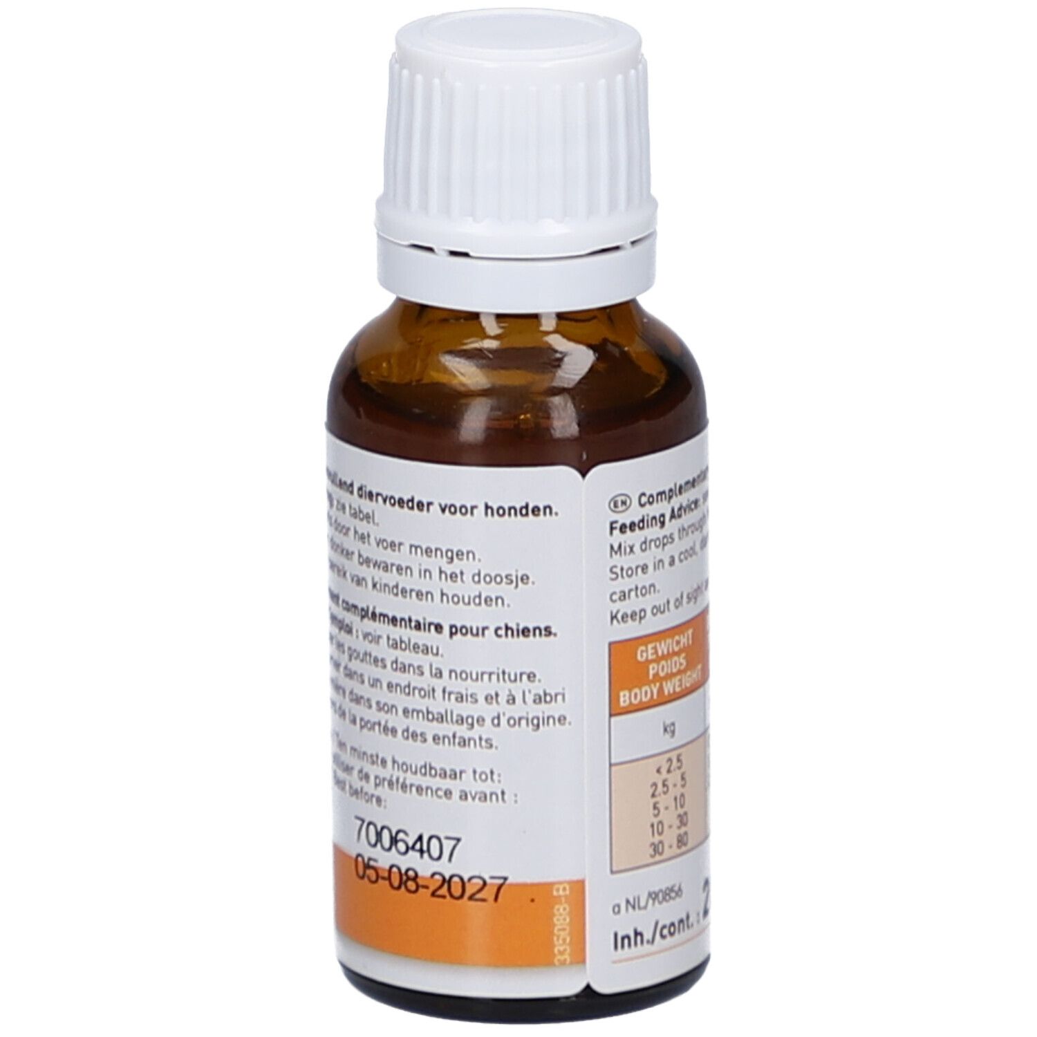 Rückseite der Flasche. Etikett mit Informationen zur Fütterung und Haltbarkeit. Enthält auch das Mindesthaltbarkeitsdatum.