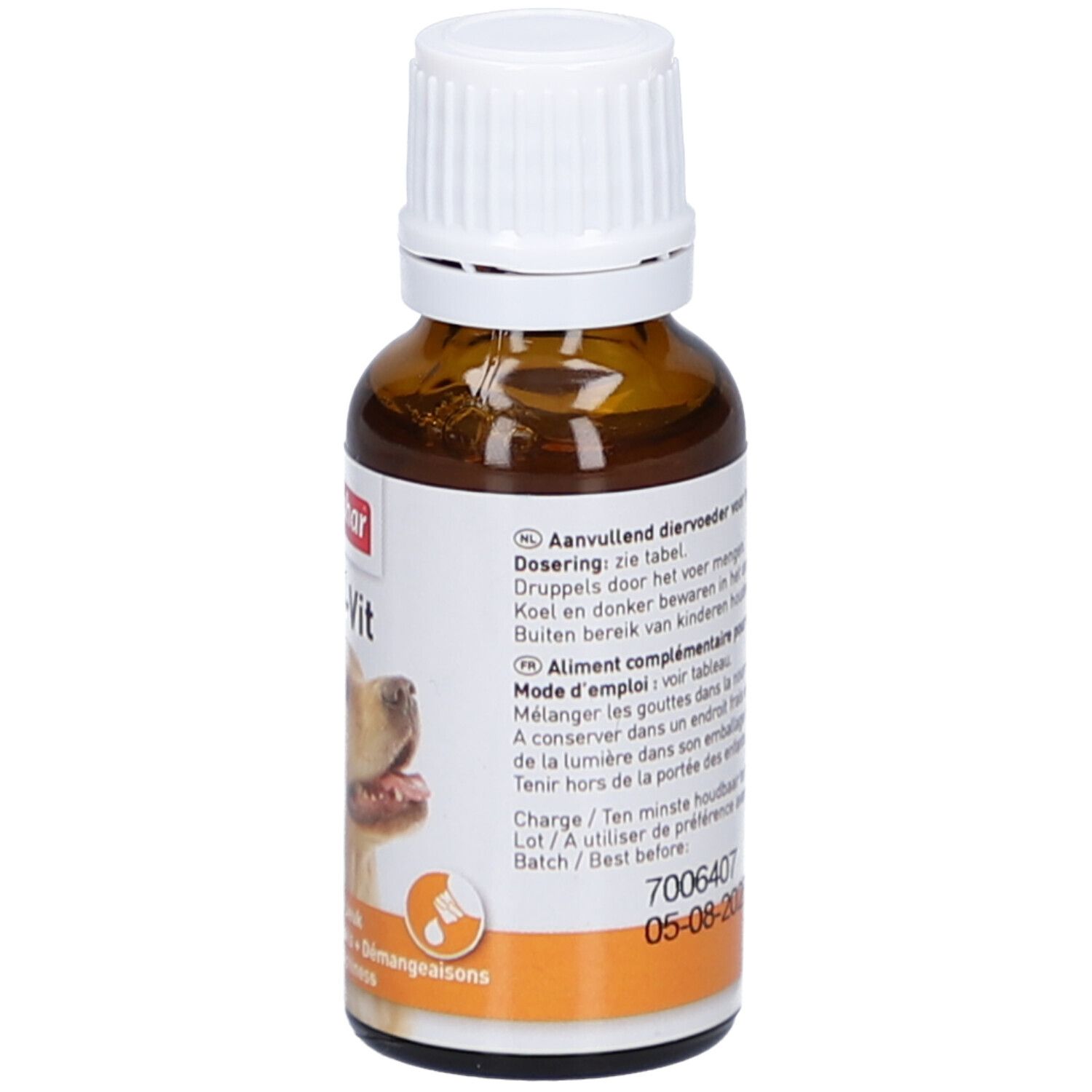 Braune Flasche mit weißem Deckel. Etikett mit Produktname, Hundebild und Informationen zur Fütterung.