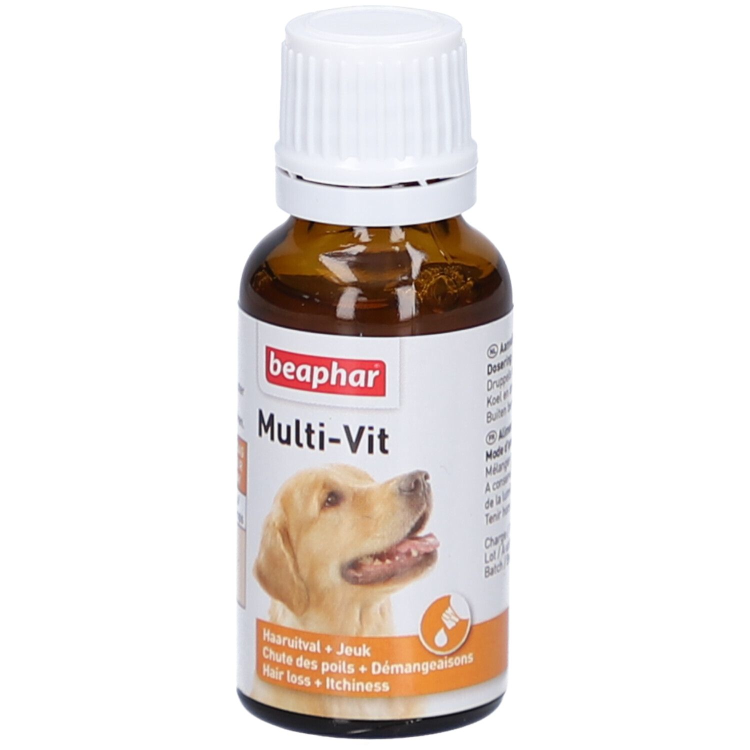Braune Glasflasche mit weißem Deckel. Etikett mit Produktname, Hundebild und Angaben zu Haarverlust und Juckreiz.