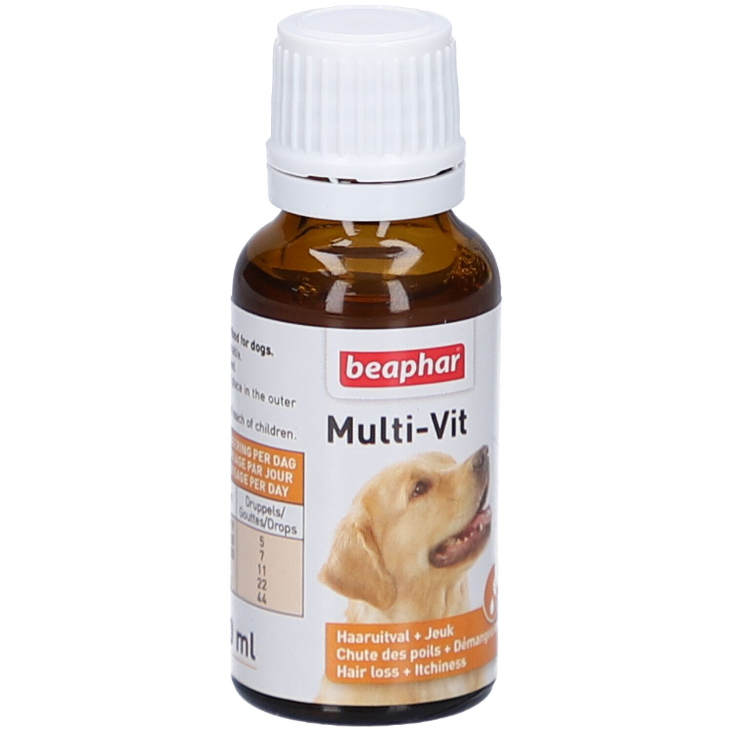 Braune Glasflasche mit weißem Deckel. Etikett mit Produktname, Hundebild und Dosierungstabelle.