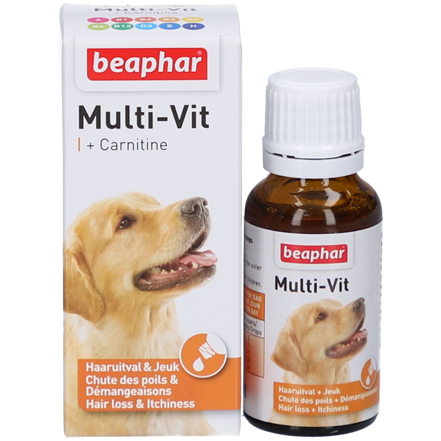 Produkt und Verpackung. Weiße Schachtel mit Produktname, Hundebild und Informationen zu Haarverlust und Juckreiz.