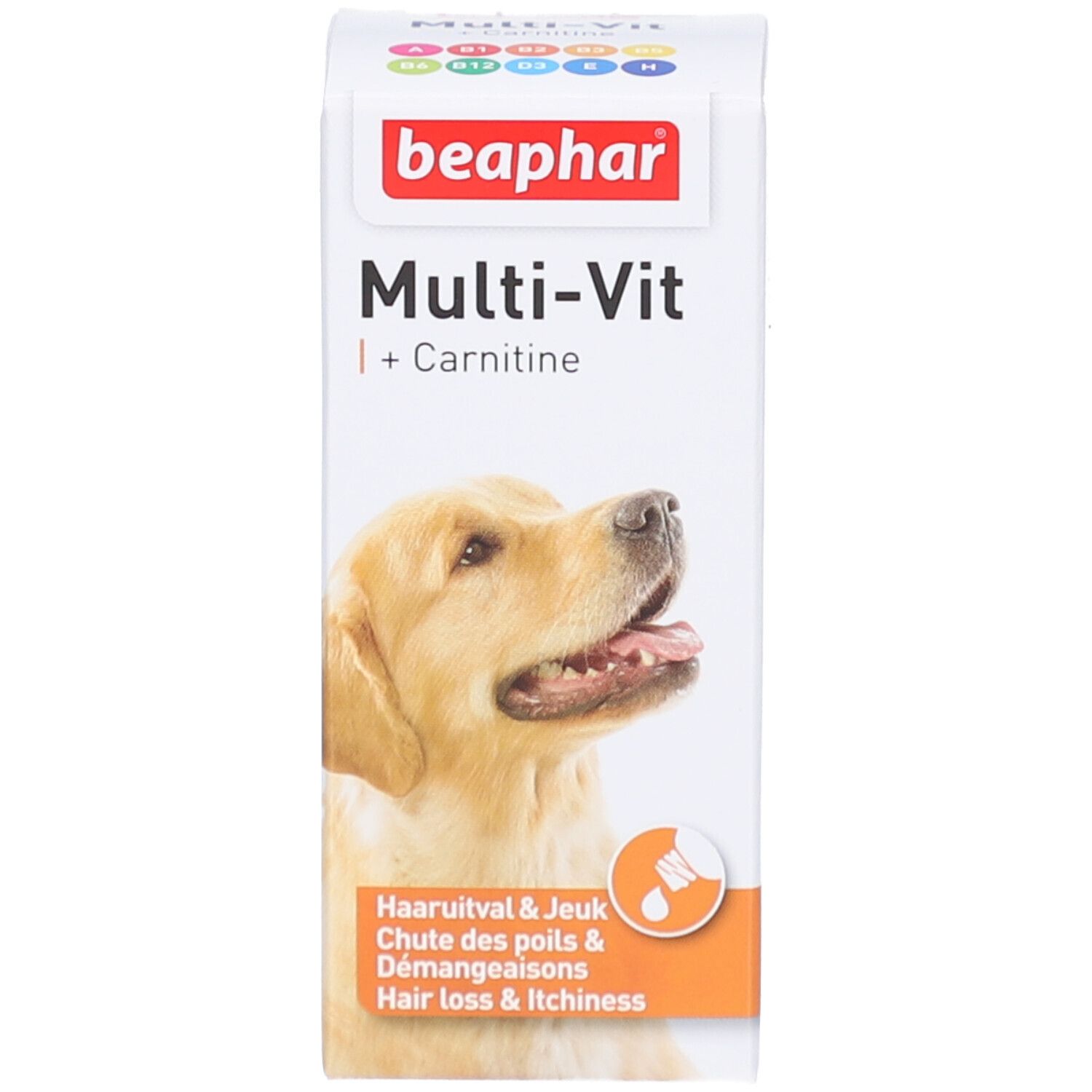 Weiße Schachtel mit Produktname, Hundebild und Informationen zu Haarverlust und Juckreiz.