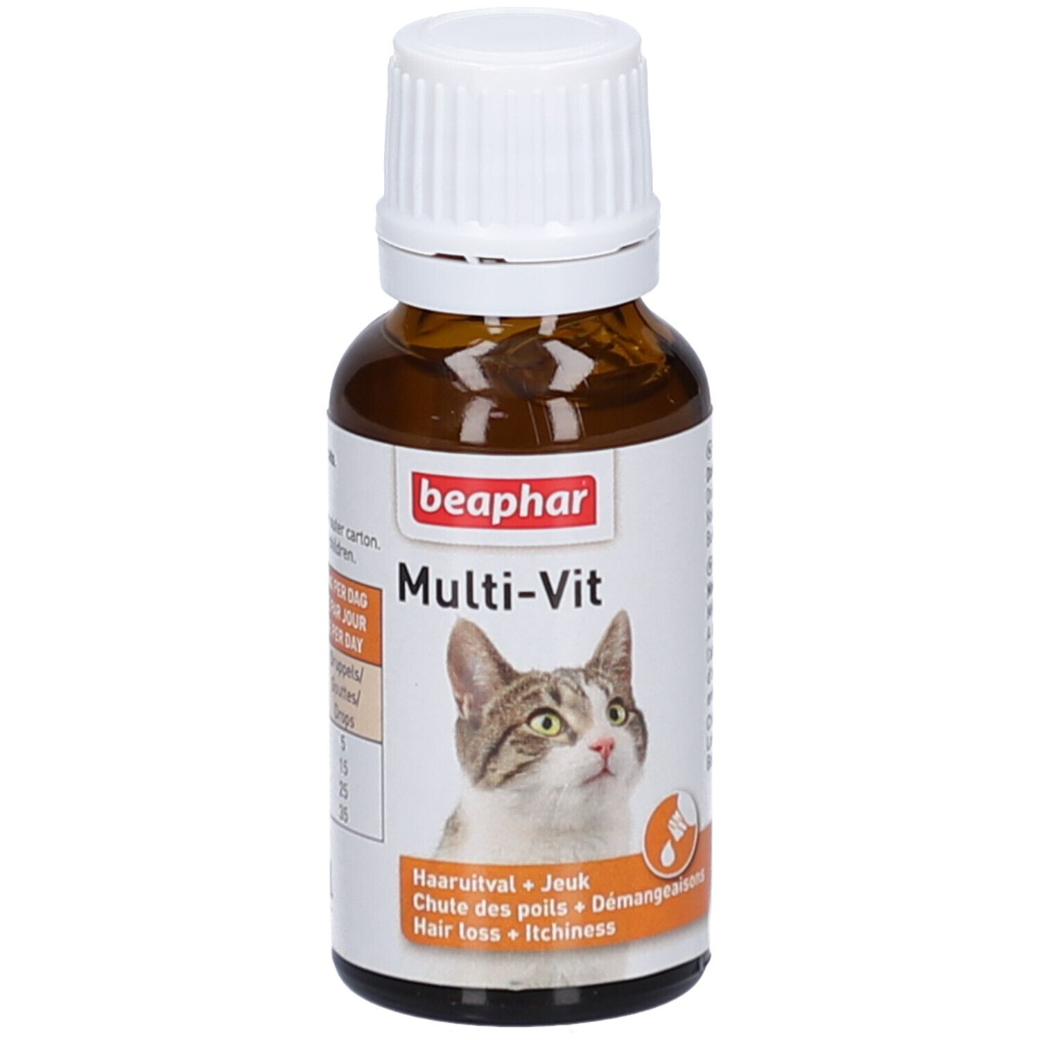 Braune Glasflasche mit weißem Deckel. Etikett mit Produktname, Katze und Text. Beaphar Multi-Vit Chat.