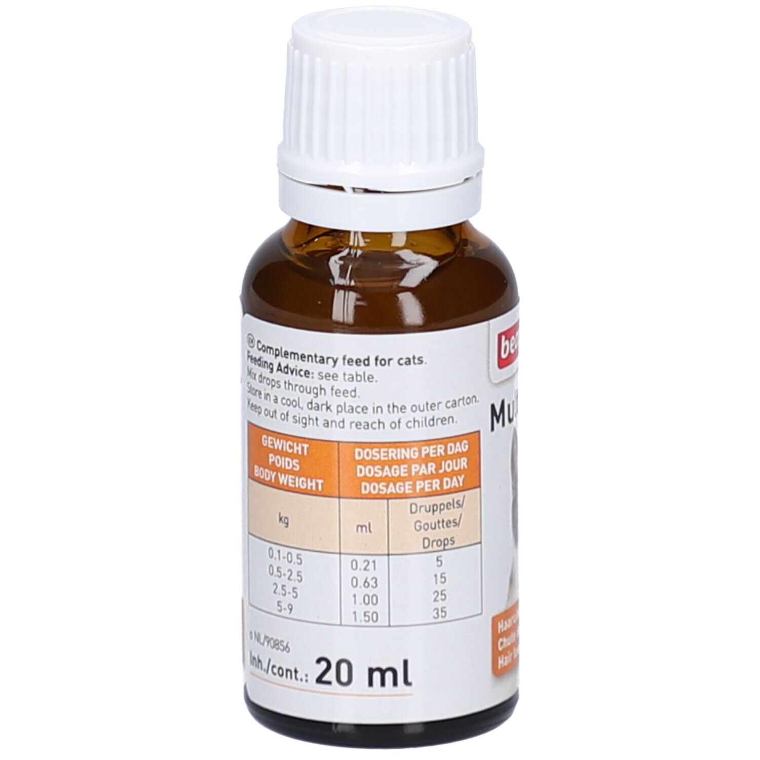 Braune Glasflasche mit weißem Deckel. Etikett mit Dosierungstabelle. Beaphar Multi-Vit Chat. 20 ml.