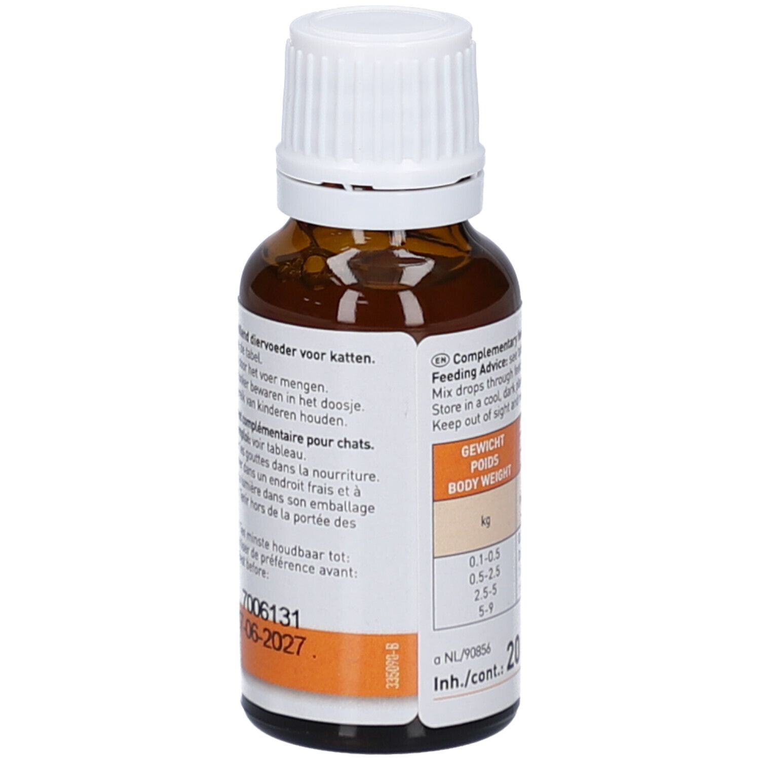 Braune Glasflasche mit weißem Deckel. Rückseite mit Text. Beaphar Multi-Vit Chat. 20 ml.