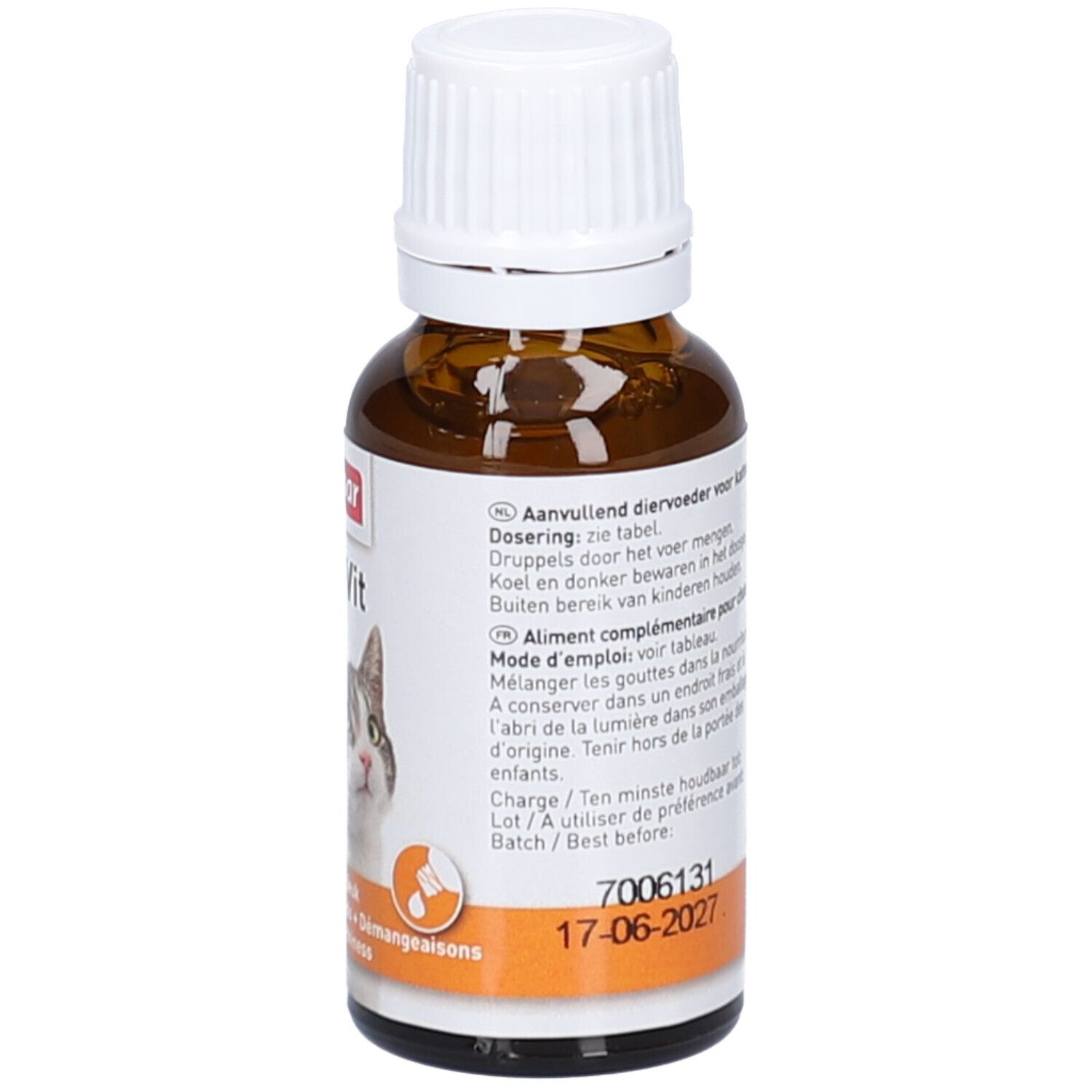 Braune Glasflasche mit weißem Deckel. Etikett mit Text und Verfallsdatum. Beaphar Multi-Vit Chat. 20 ml.