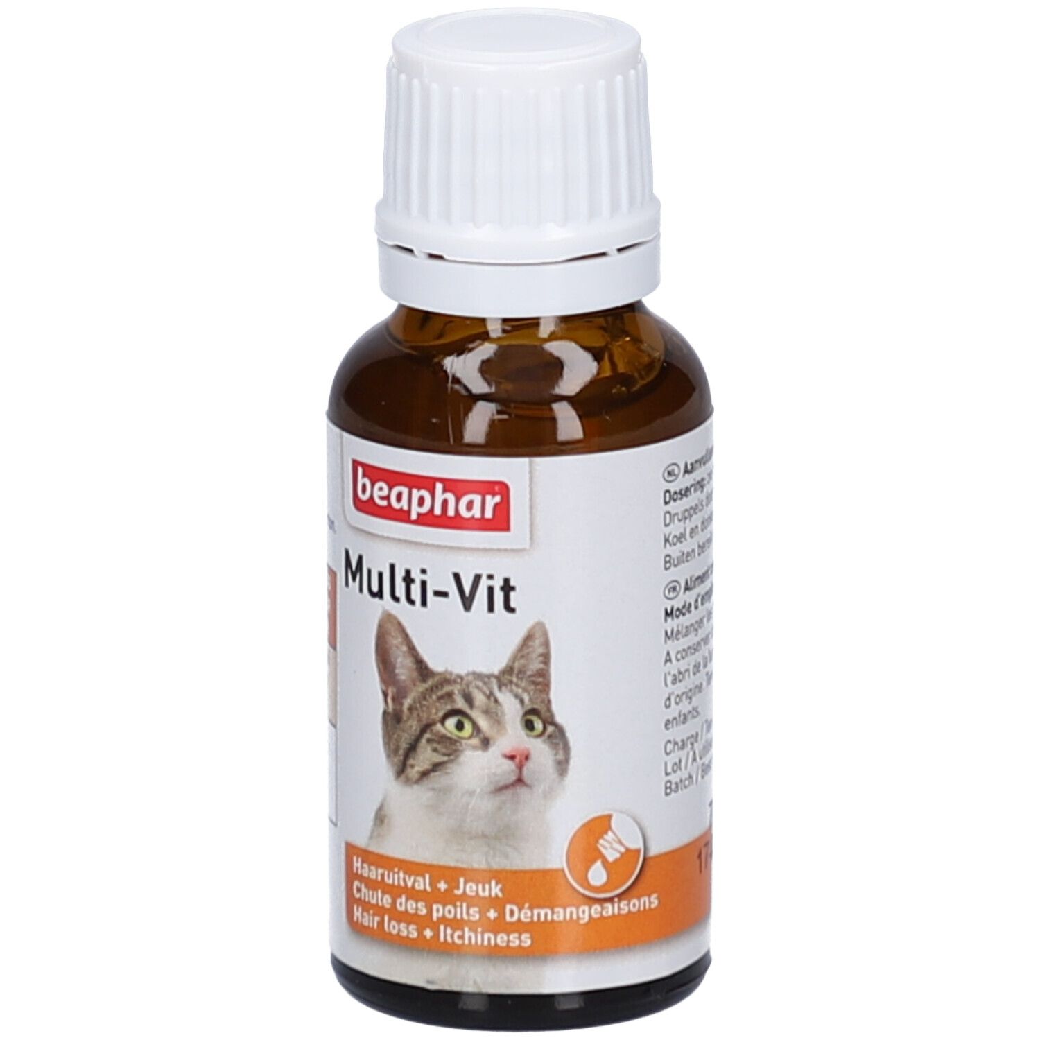 Braune Glasflasche mit weißem Deckel. Etikett mit Produktname, Katze und Text. Beaphar Multi-Vit Chat.