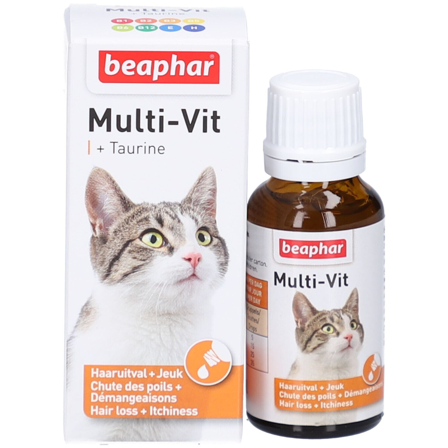 Produktverpackung und Flasche. Beaphar Multi-Vit + Taurin. Katze und Produktname.