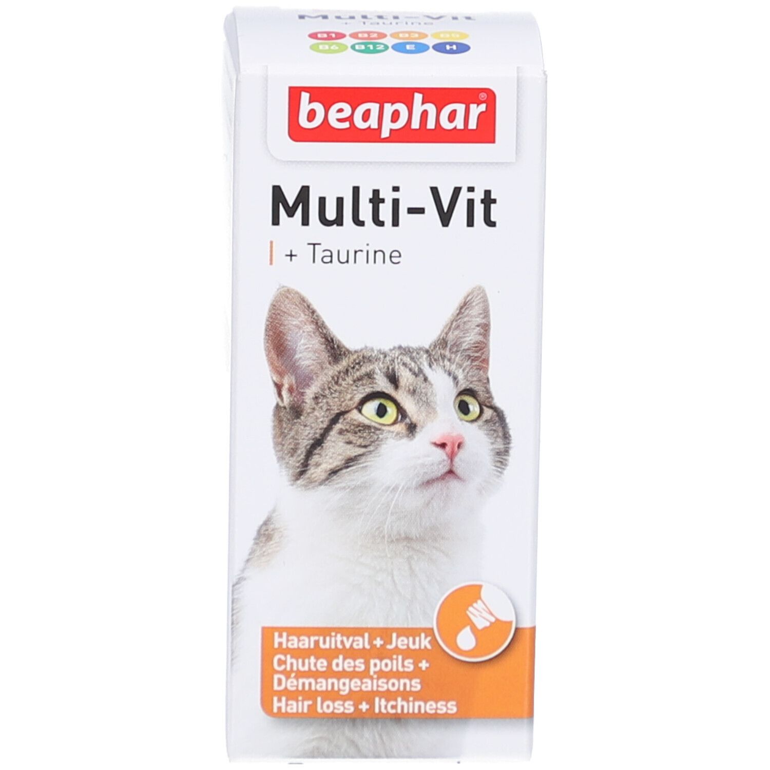 Produktverpackung. Beaphar Multi-Vit + Taurin. Katze und Produktname.