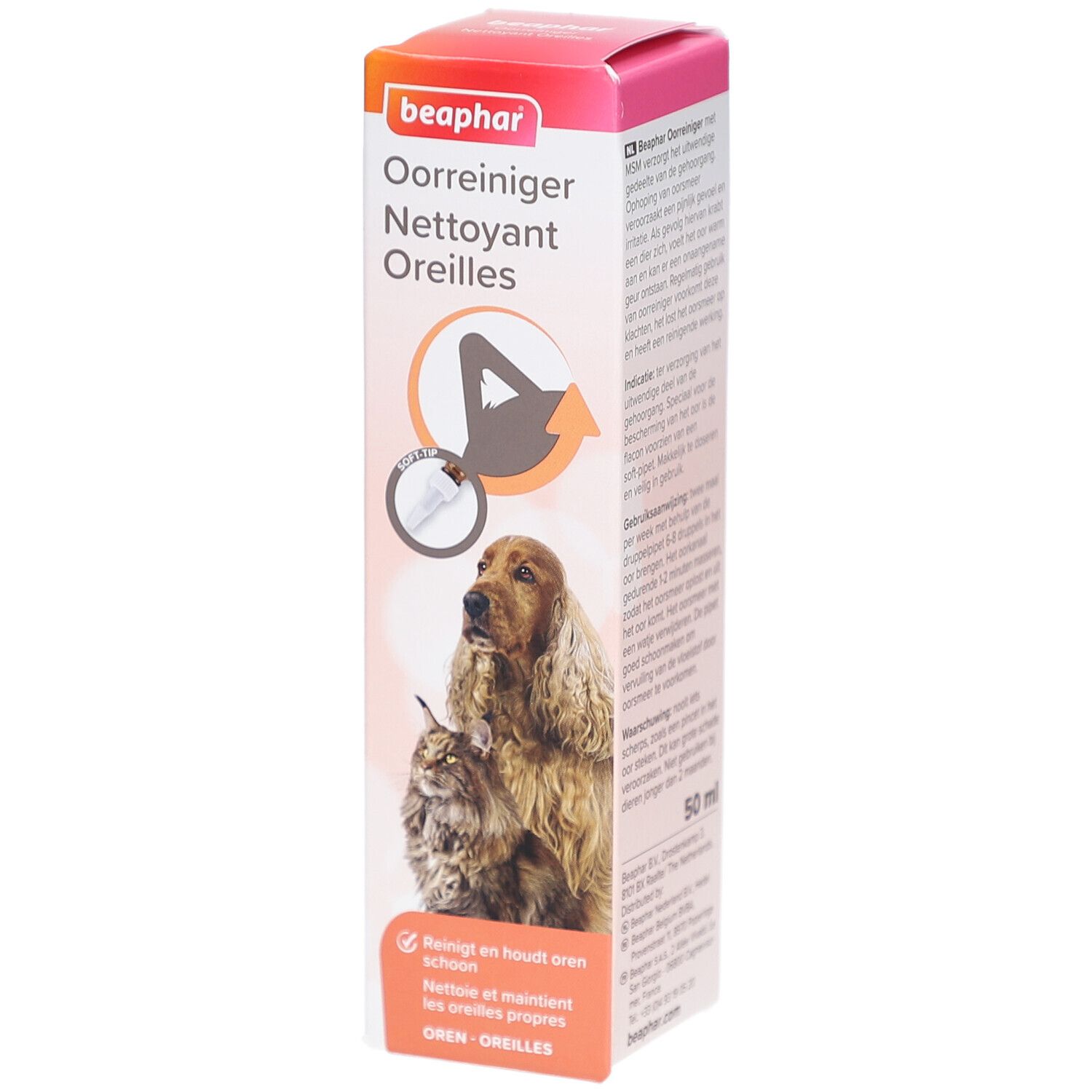 Verpackung von Beaphar Oorreiniger. Abbildung eines Hundes und einer Katze. Text: Oorreiniger, Nettoyant Oreilles.