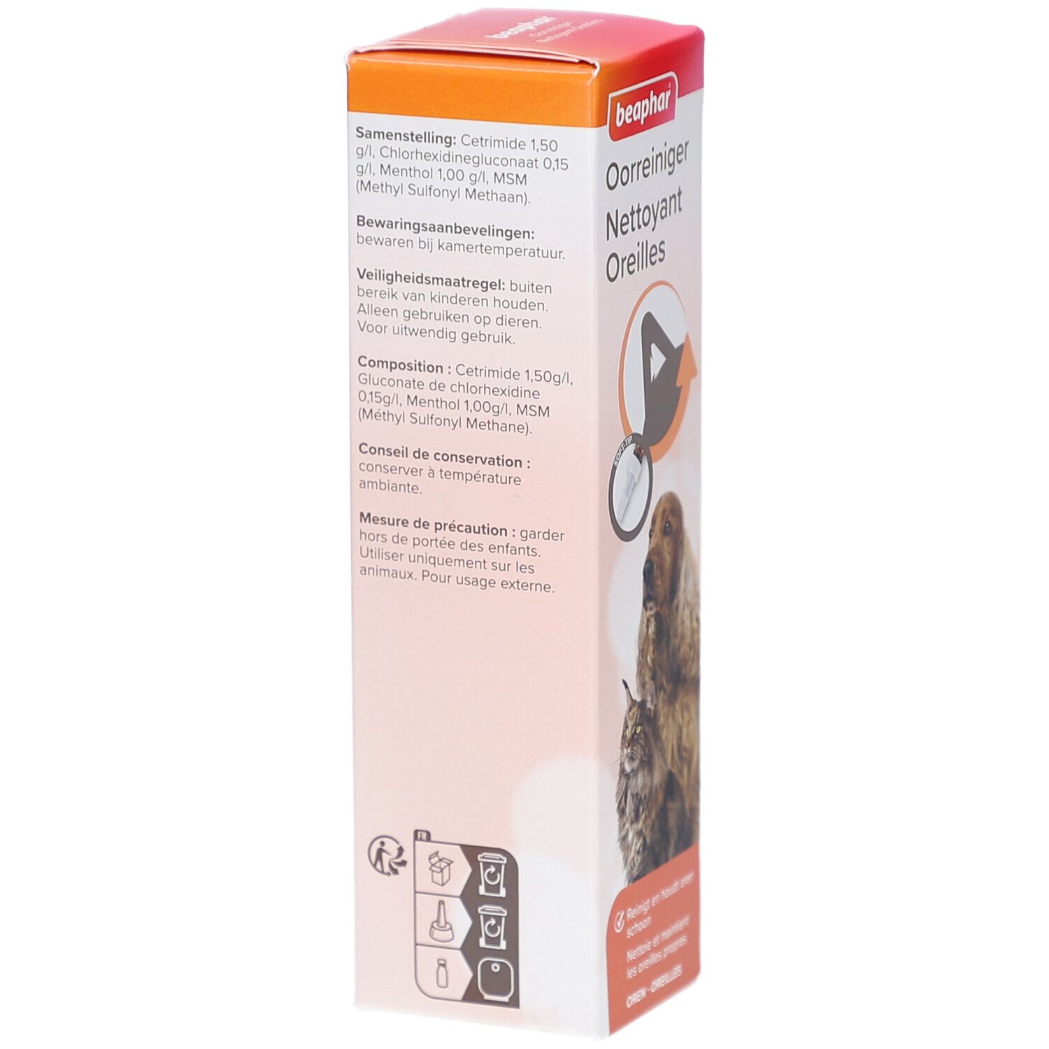 Rückseite der Beaphar Oorreiniger Verpackung. Text: Zusammensetzung, Inhaltsstoffe, Vorsichtsmaßnahmen, Lagerungshinweise.