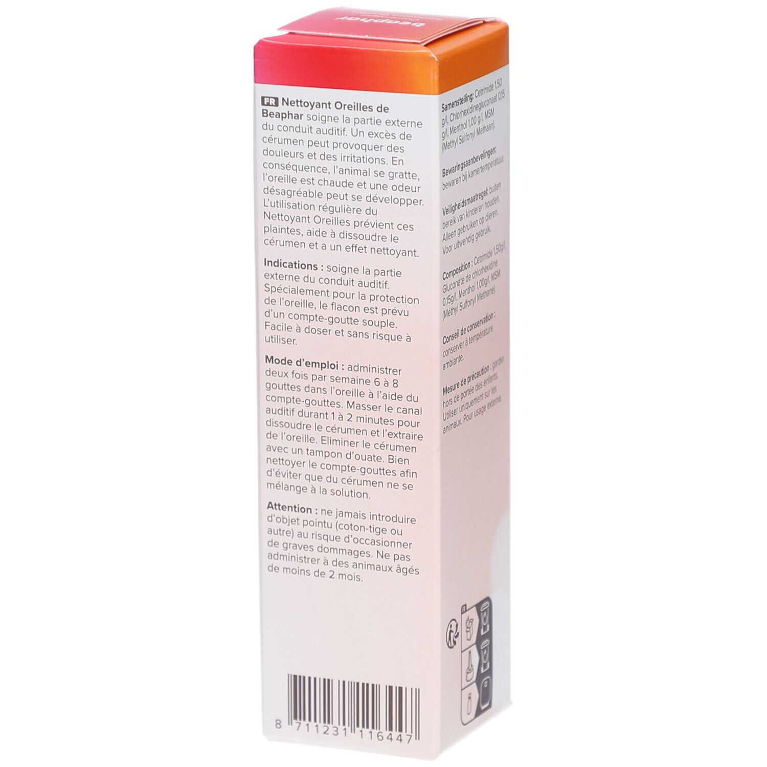 Seite der Beaphar Oorreiniger Verpackung. Text: Anwendungshinweise, Warnhinweise, 50 ml.