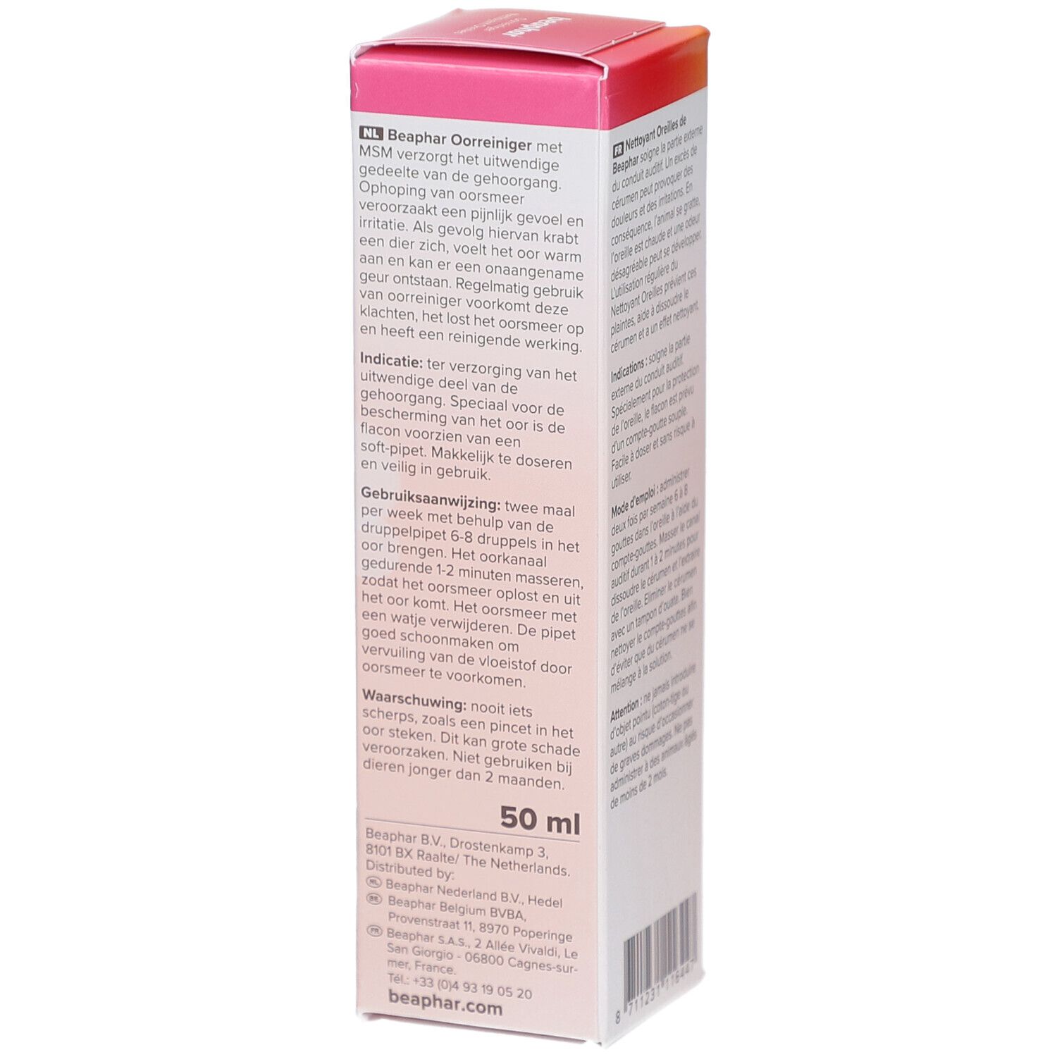 Seite der Beaphar Oorreiniger Verpackung. Text: Anwendungshinweise, Warnhinweise, 50 ml.