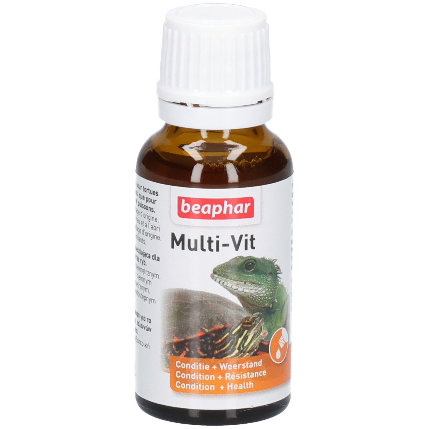 Braune Flasche mit weißem Deckel. Etikett mit "beaphar Multi-Vit" und Abbildungen von Schildkröte und Echse. Orangefarbener Bereich mit Text.