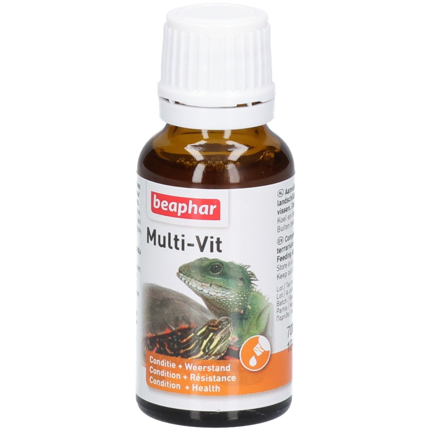 Braune Flasche mit weißem Deckel. Etikett mit "beaphar Multi-Vit" und Abbildungen von Schildkröte und Echse. Orangefarbener Bereich mit Text.