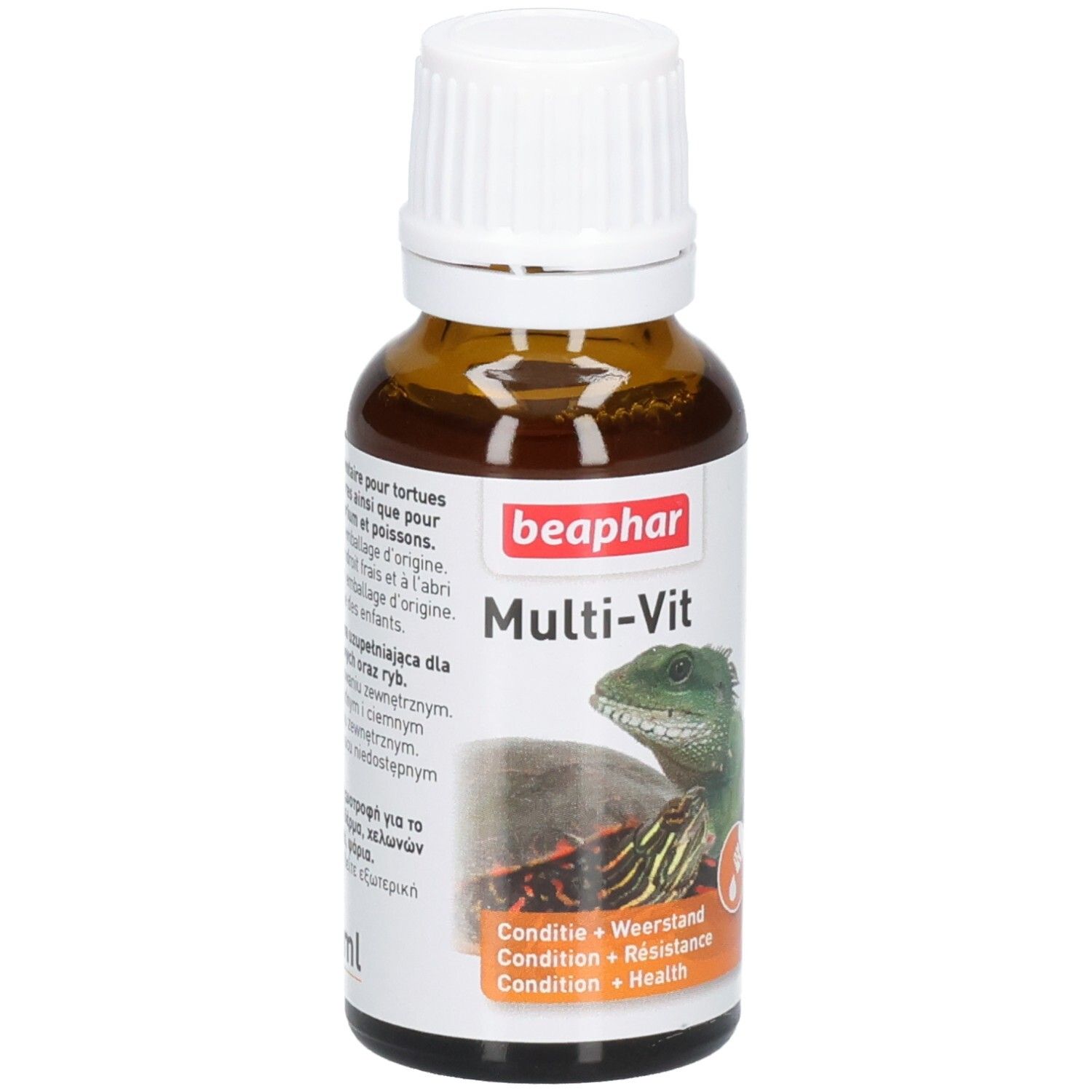 Braune Flasche mit weißem Deckel. Etikett mit "beaphar Multi-Vit" und Abbildungen von Schildkröte und Echse. Orangefarbener Bereich mit Text.