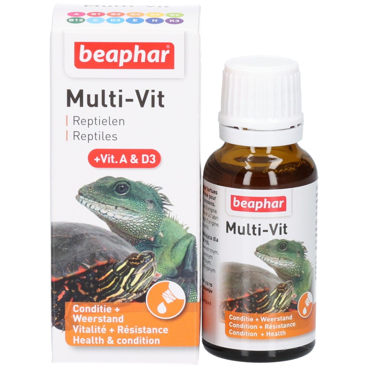 Produktverpackung mit Flasche und Karton. Karton mit "beaphar Multi-Vit" und Abbildungen von Schildkröte und Echse. Zusatz Vitamine.